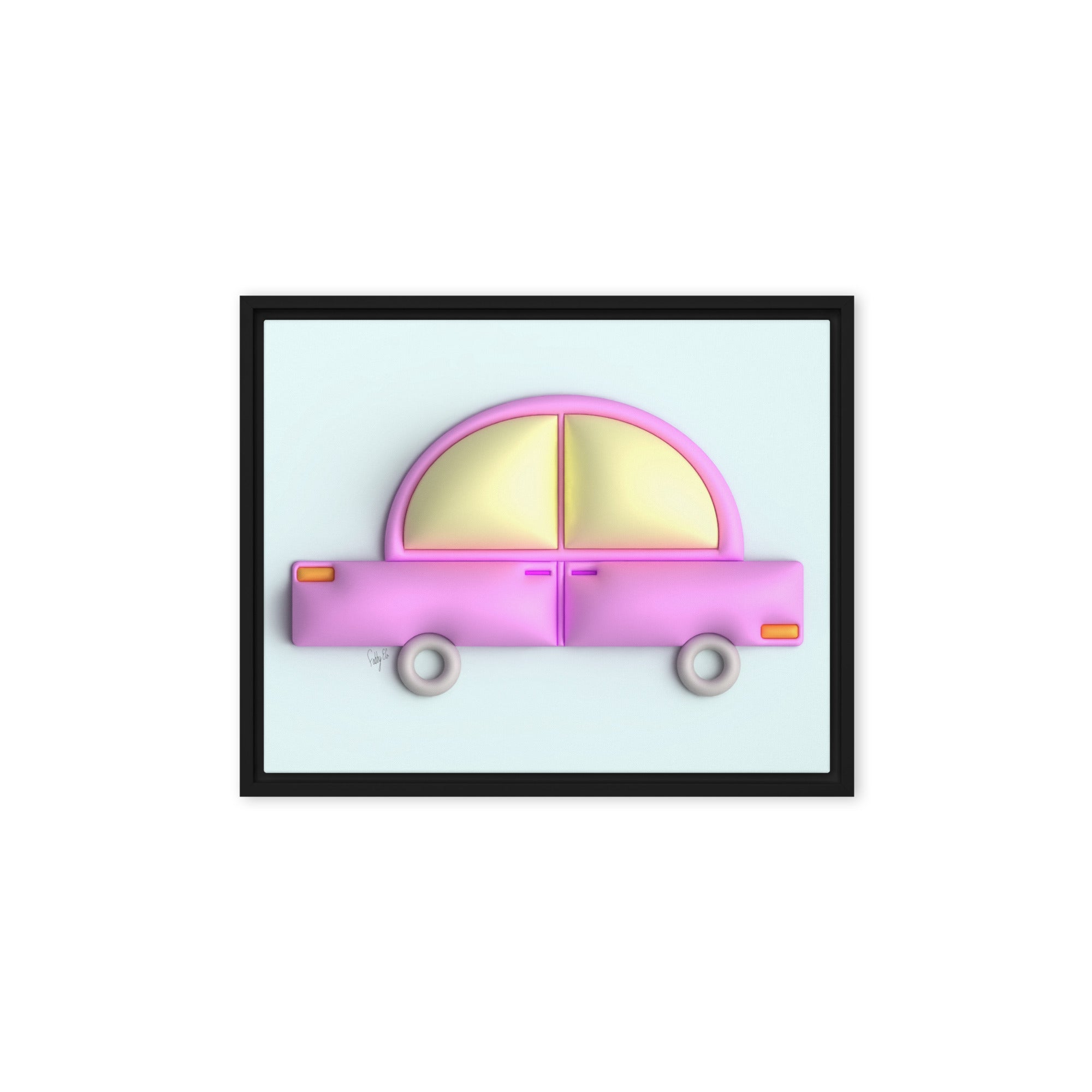 Pink car in blue framed canvas