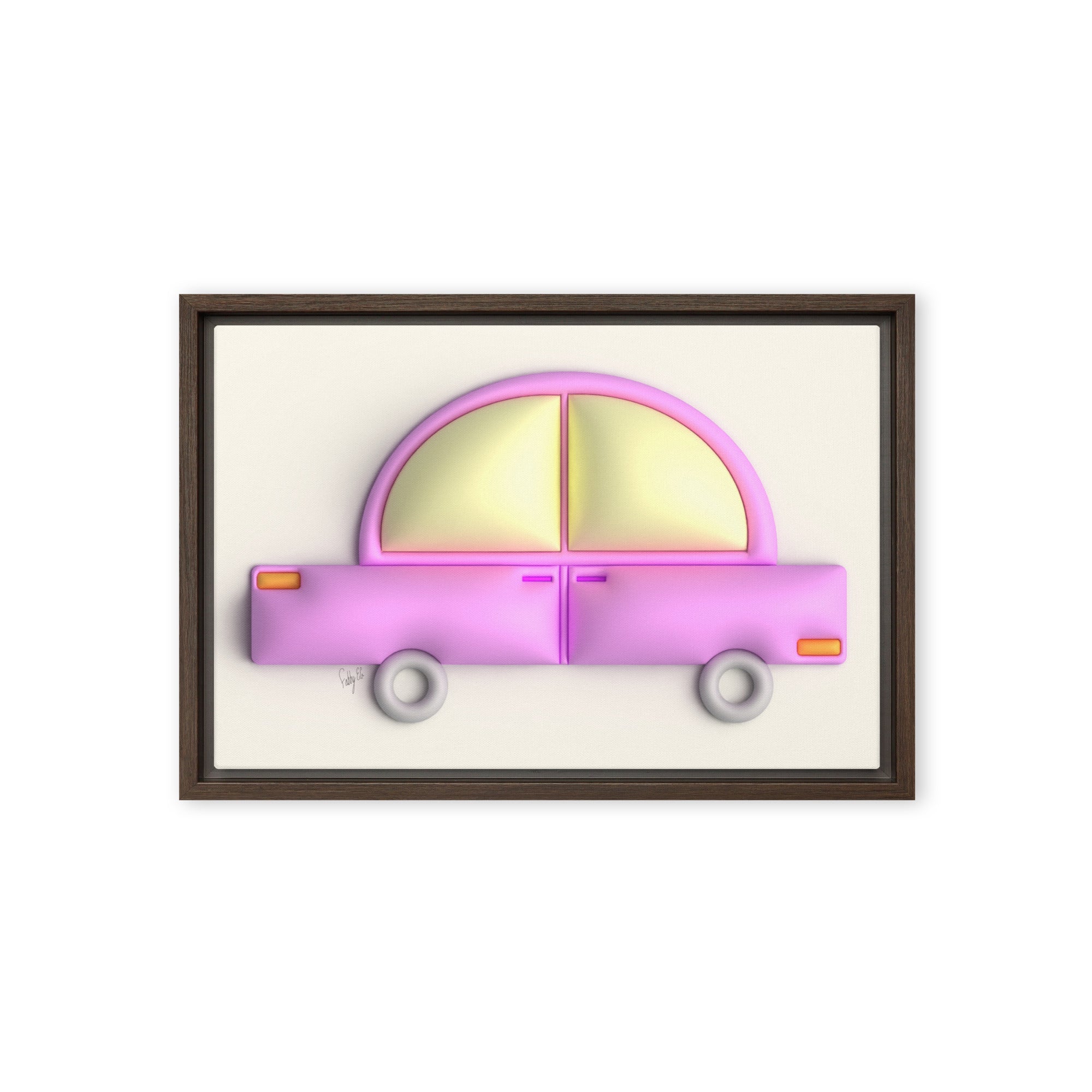Pink car in yellow framed canvas