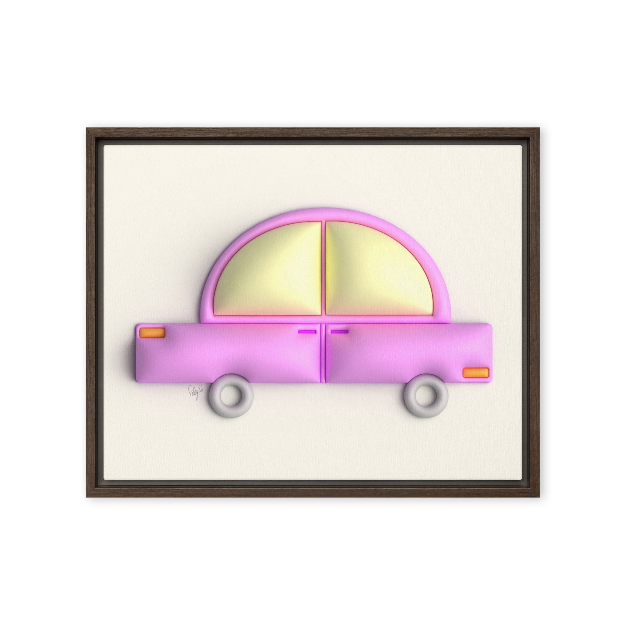 Pink car in yellow framed canvas