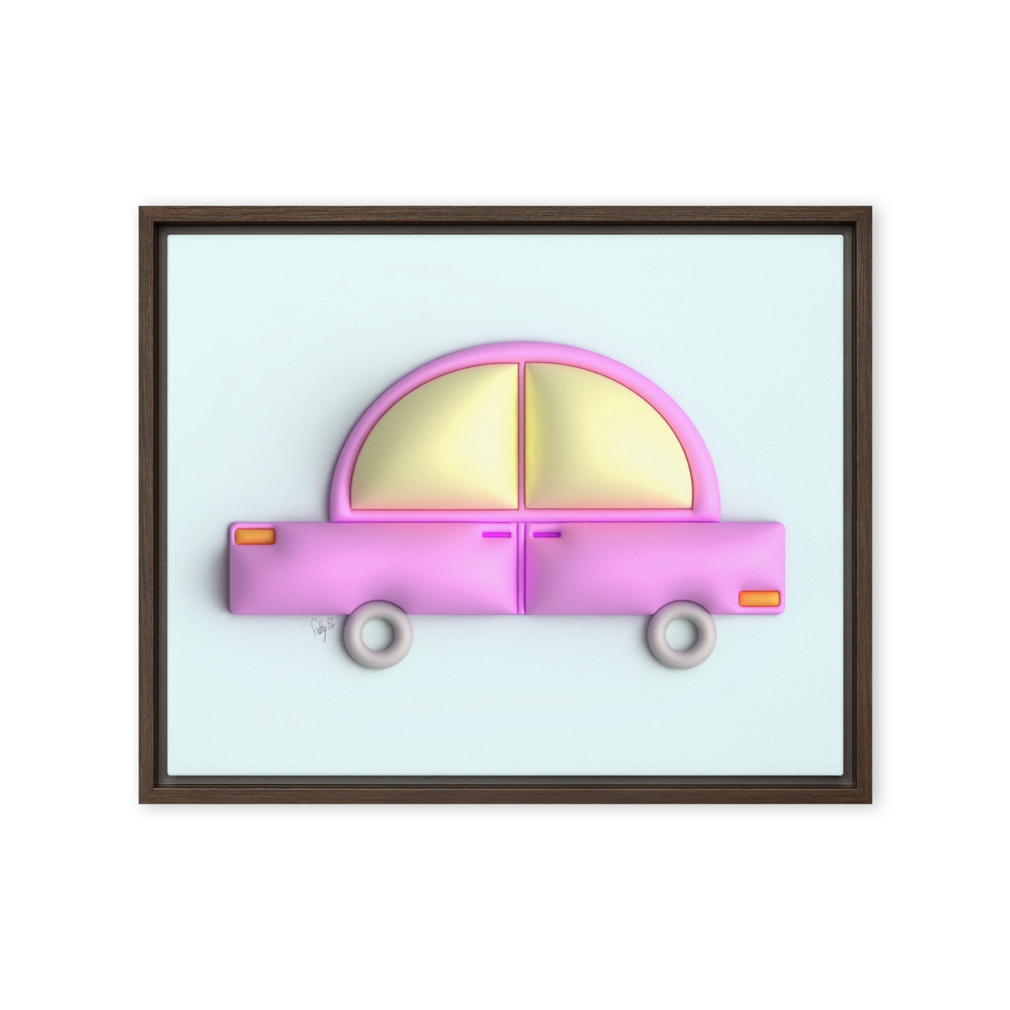 Pink car in blue framed canvas