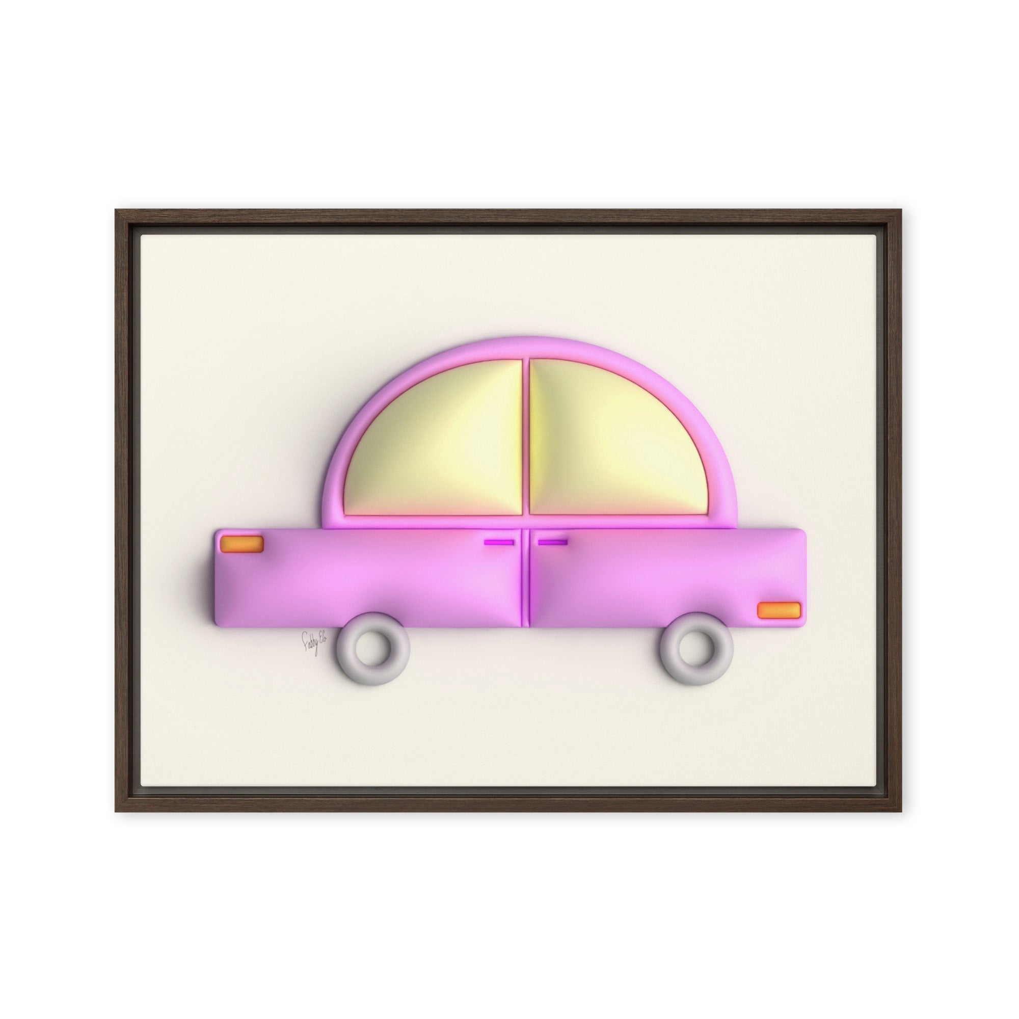 Pink car in yellow framed canvas