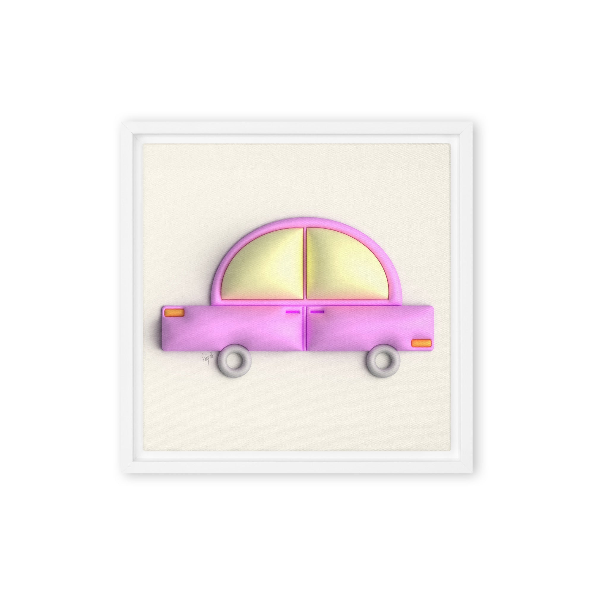 Pink car in yellow framed canvas