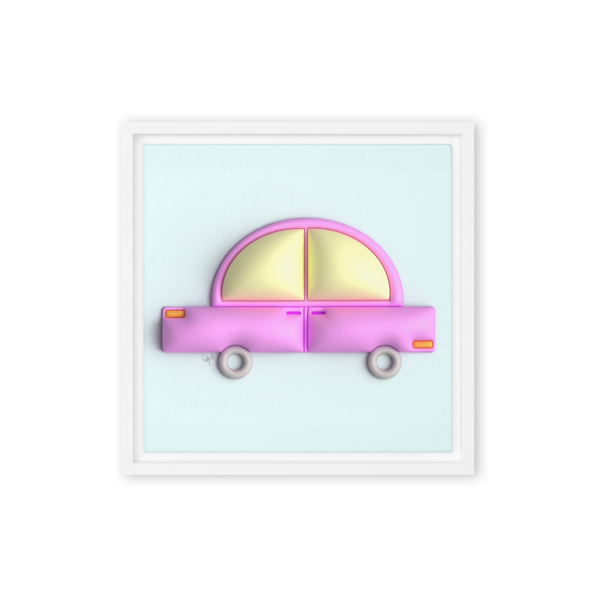 Pink car in blue framed canvas