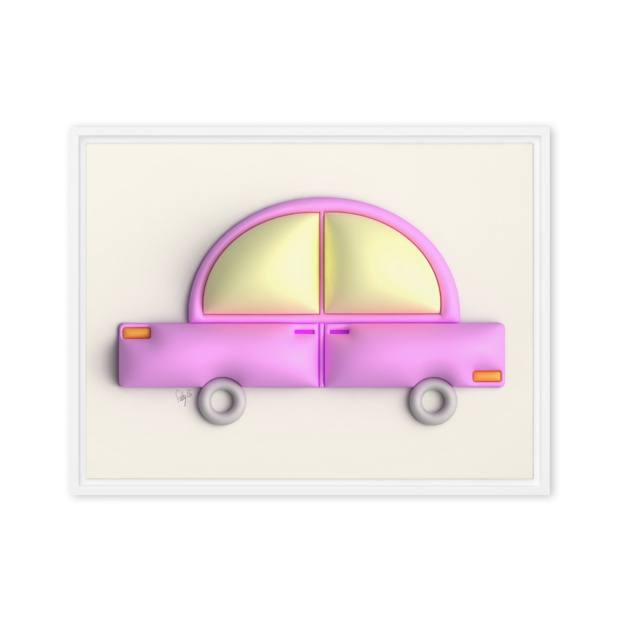 Pink car in yellow framed canvas