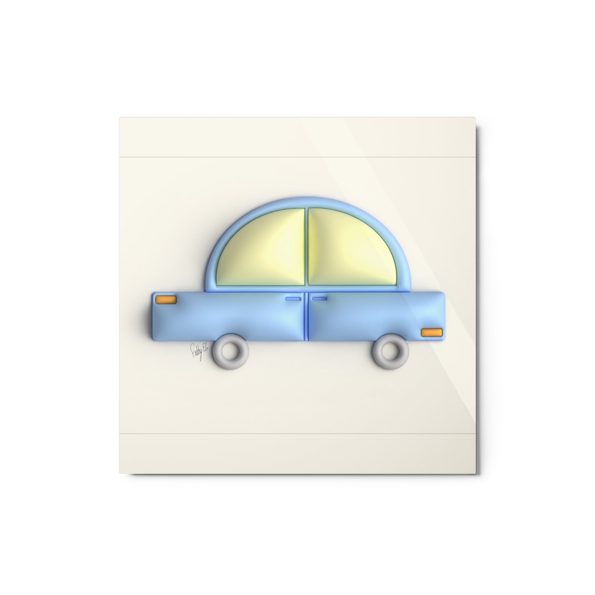 Blue car in yellow metal prints