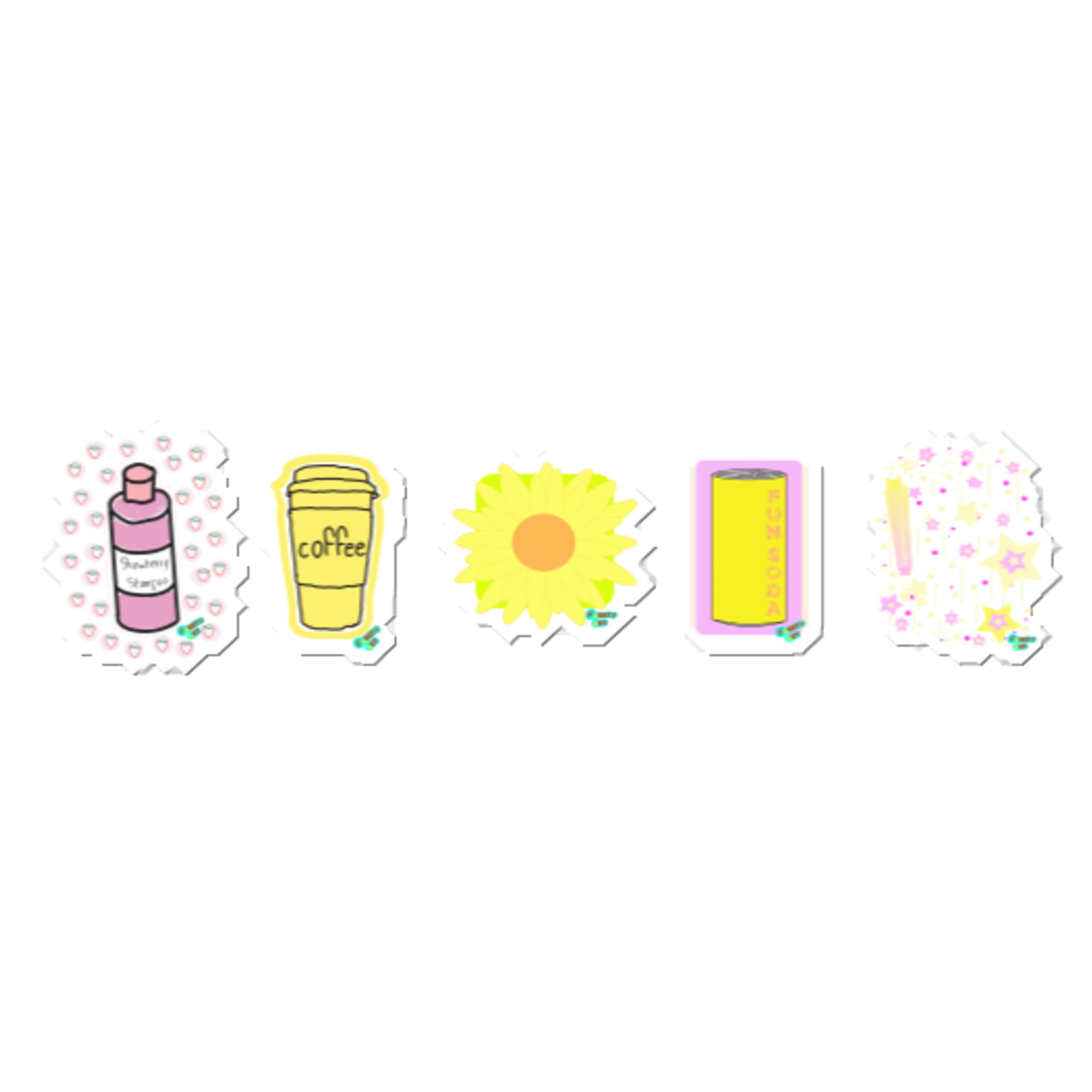 Kiss-Cut Stickers Group Designs 1: shampoo, coffee, sunflower, fun soda and stars