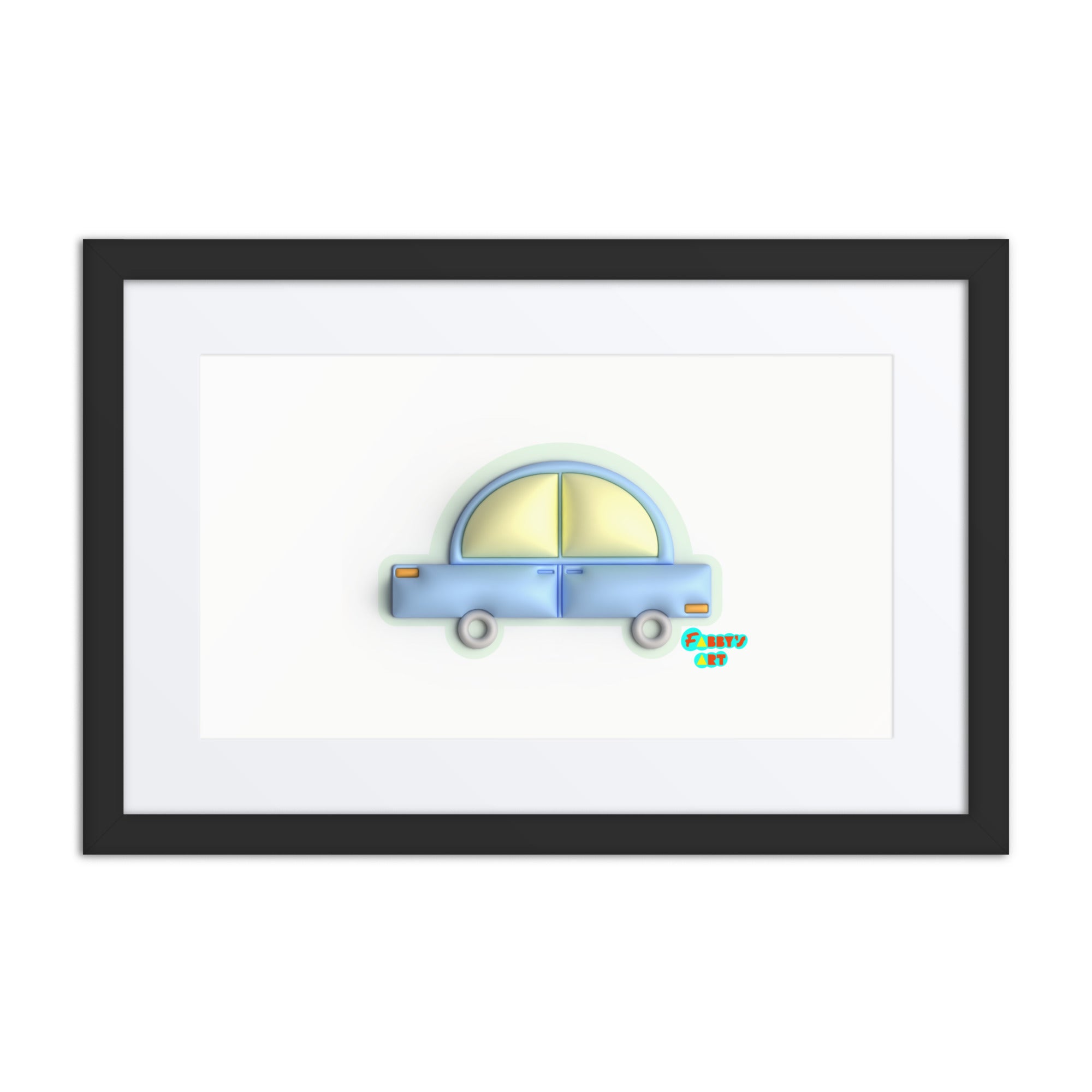 Blue car in green, Framed poster with Mat