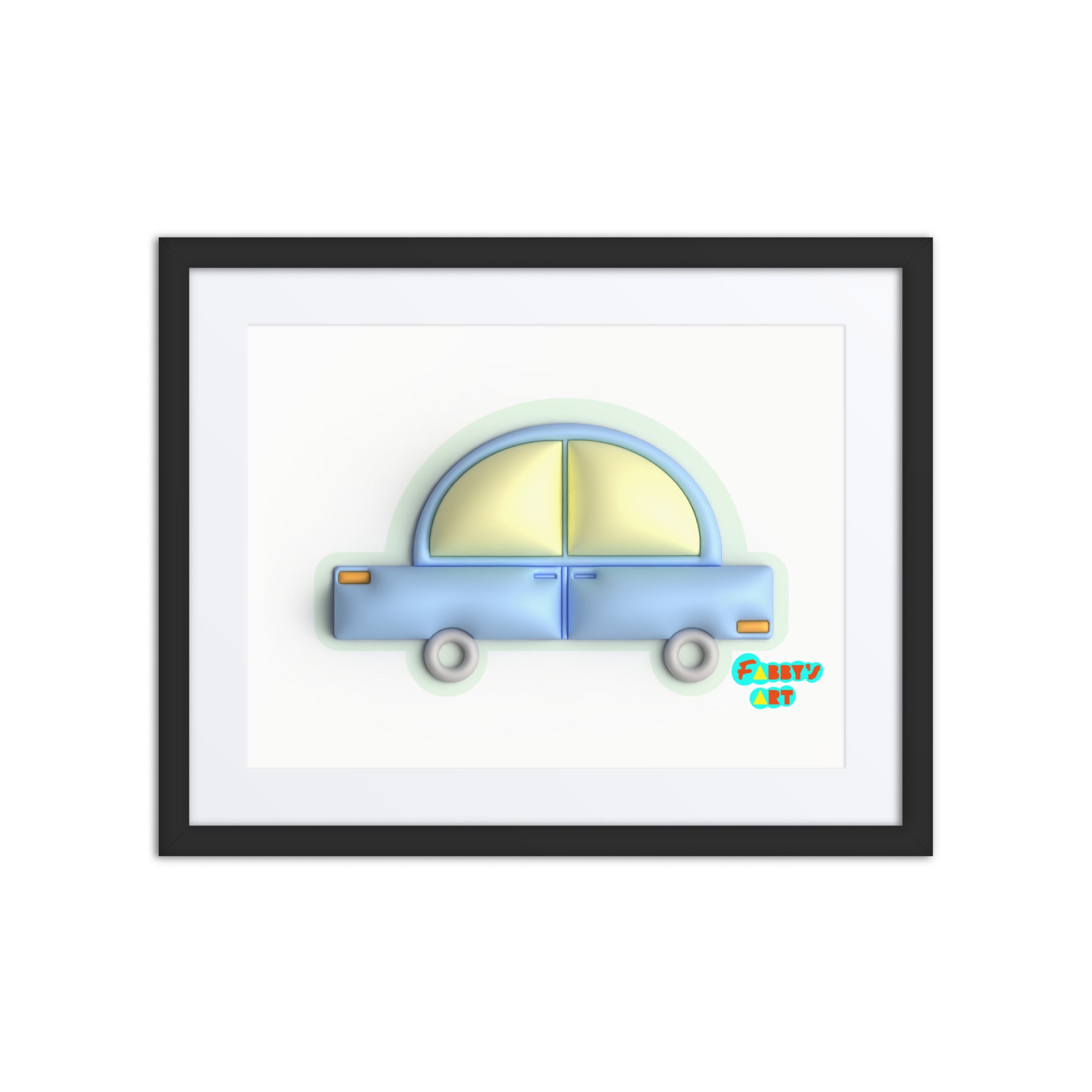 Blue car in green, Framed poster with Mat