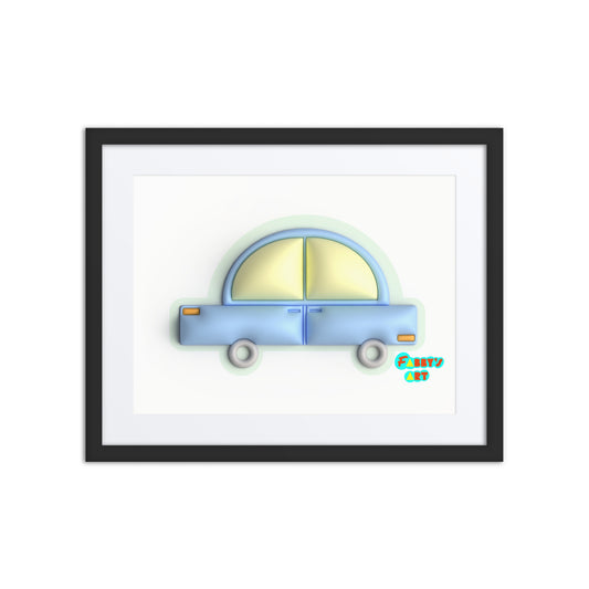 Blue car in green, Framed poster with Mat