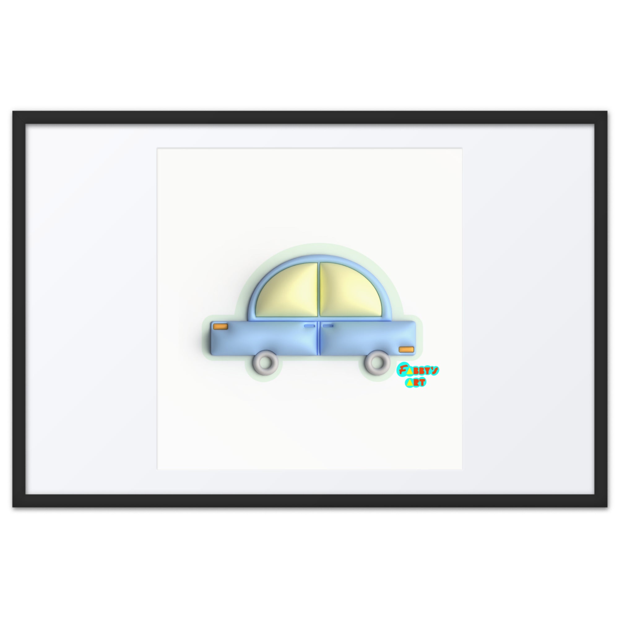 Blue car in green, Framed poster with Mat