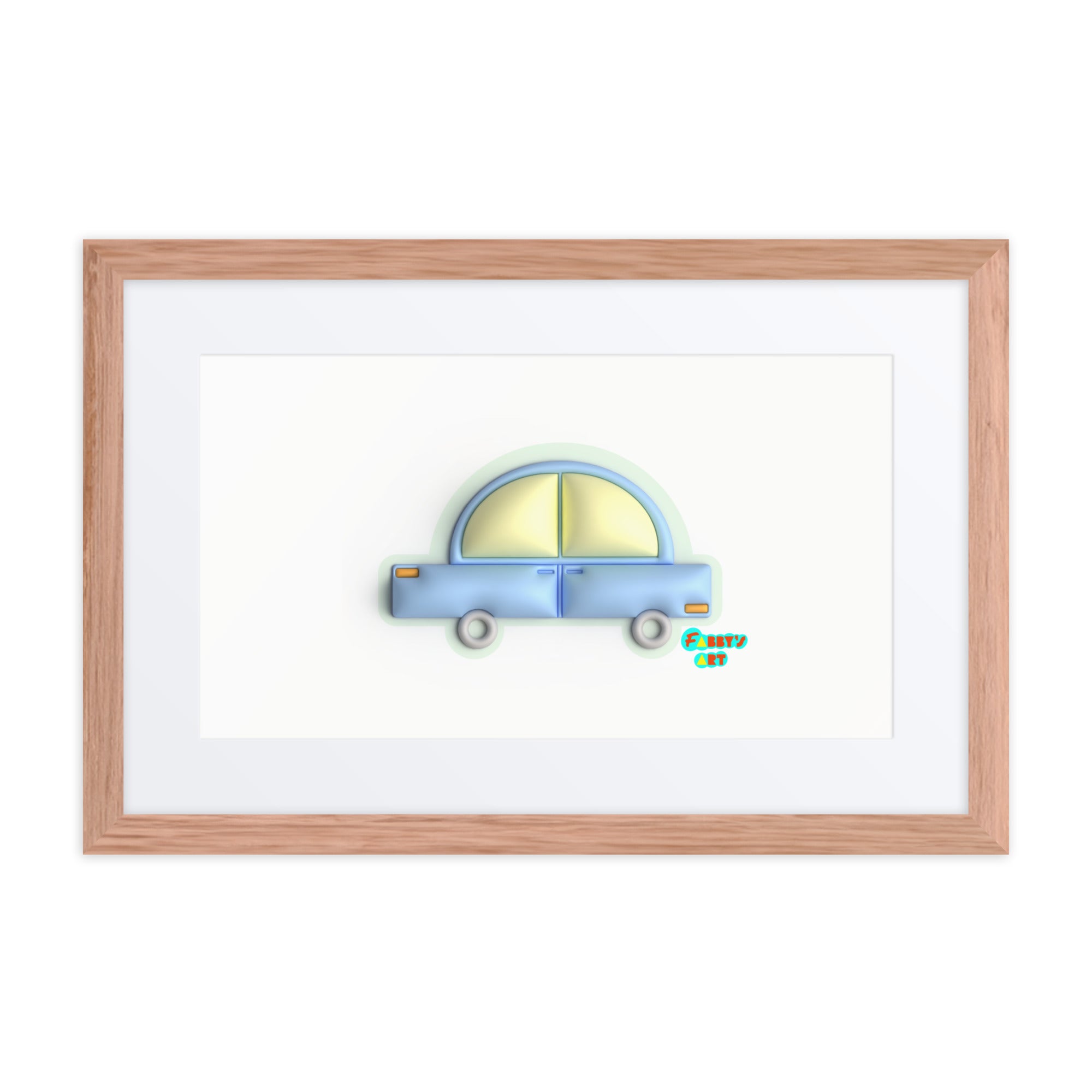 Blue car in green, Framed poster with Mat