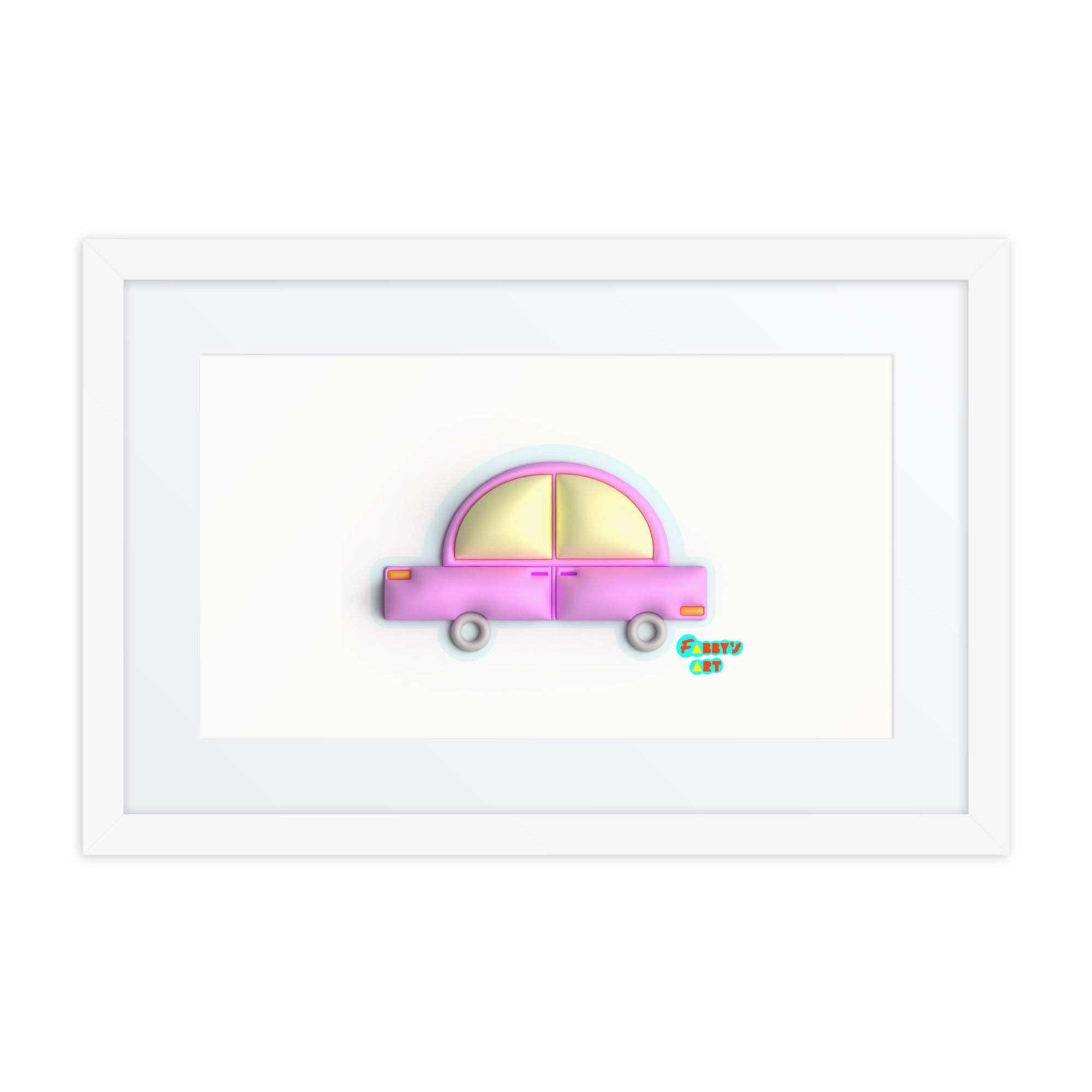 Pink car in blue, Framed poster with Mat