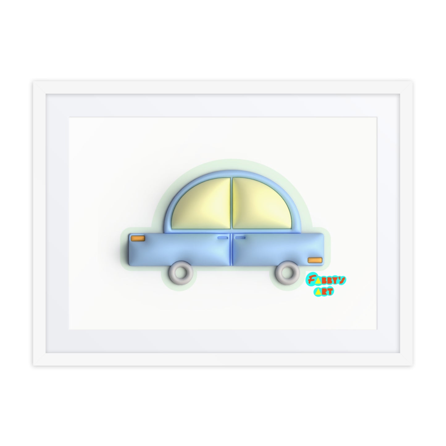 Blue car in green, Framed poster with Mat