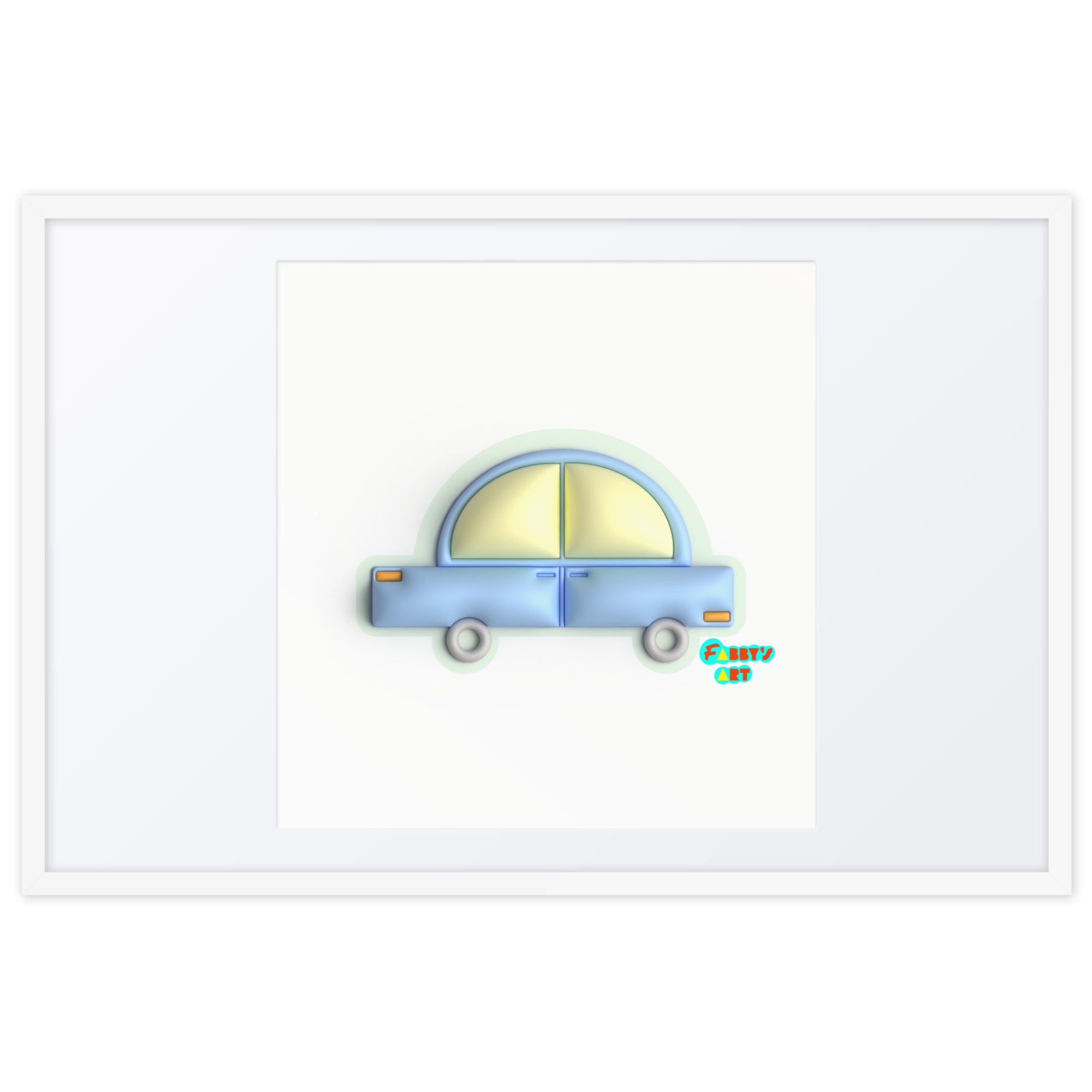 Blue car in green, Framed poster with Mat