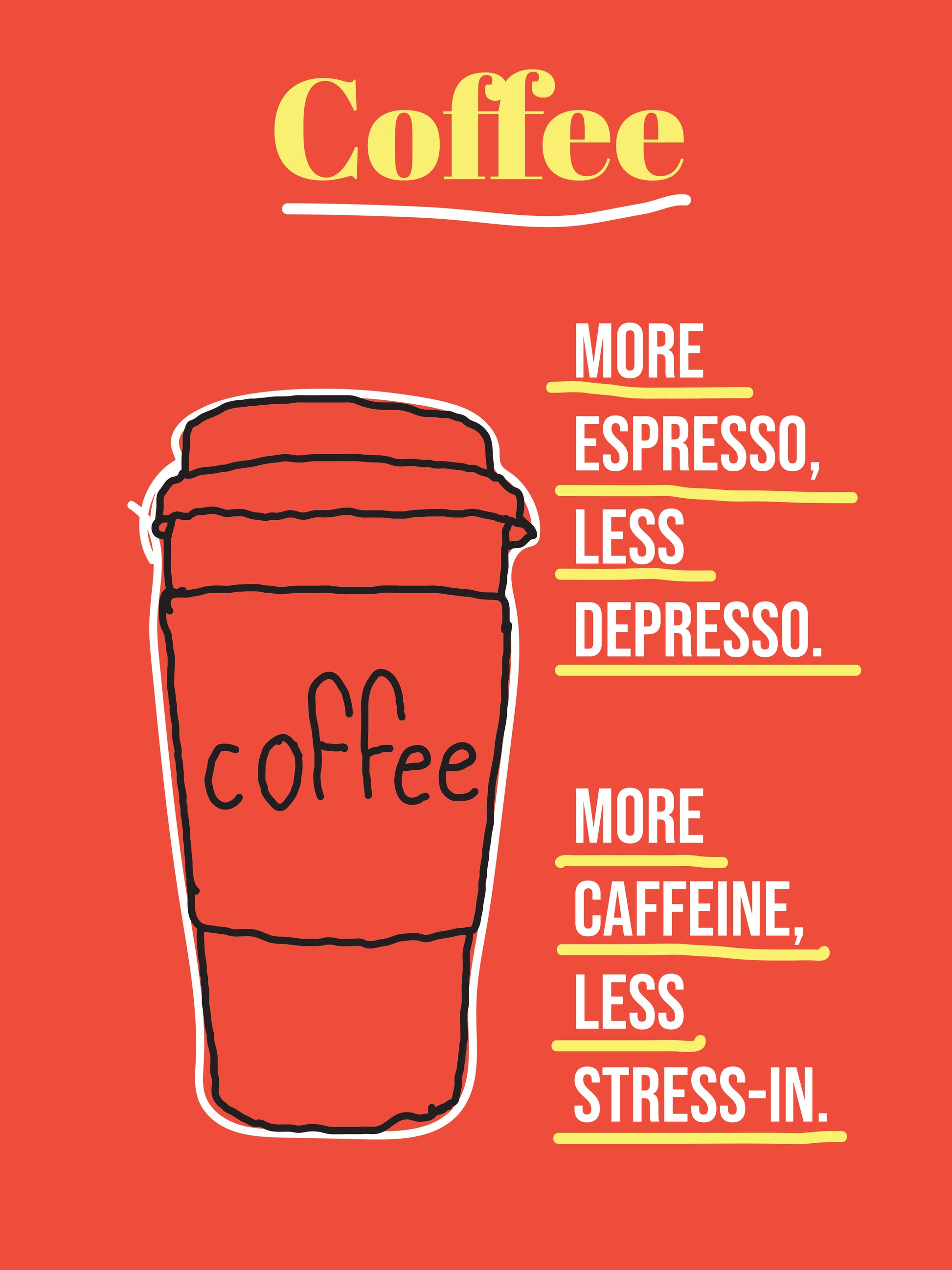 Coffee cup cartoonist abstract outline and orange background, with  text: “more espresso, less depress. More caffeine, less stress-in.”