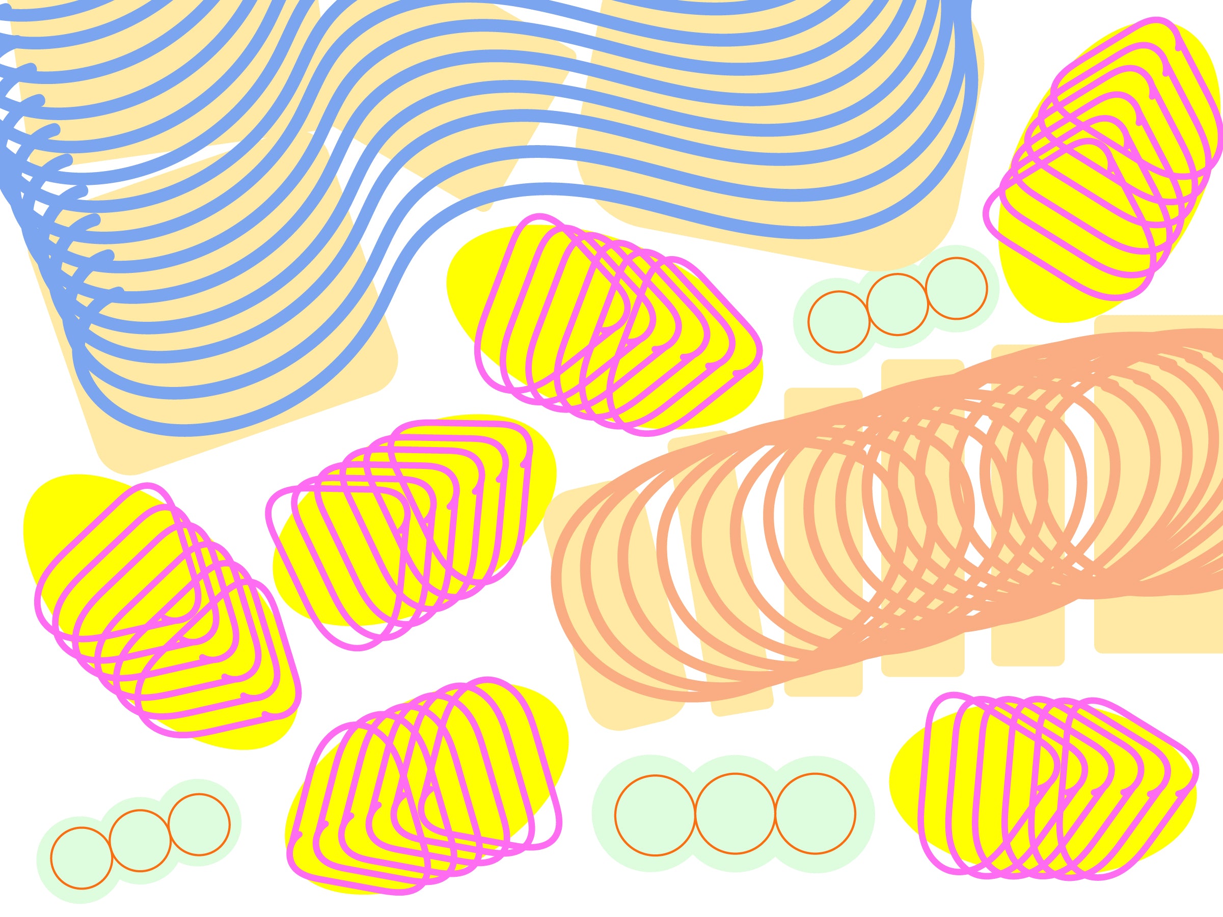 Spiral blue and pink outline shapes in different colors on top of other one color shapes, in a white background