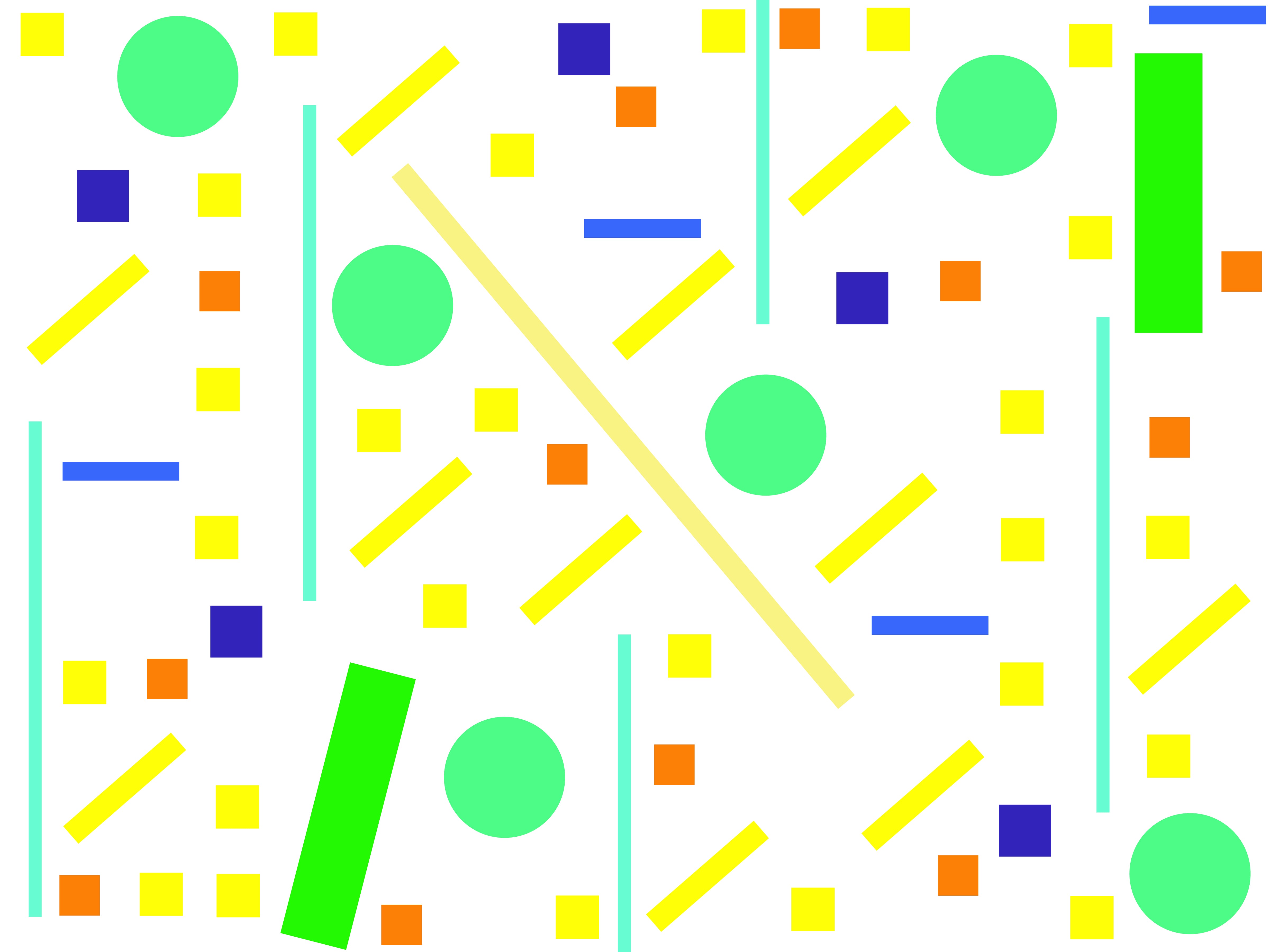 Square, circles and thin rectangles of different colors placed around somewhat symmetrical in direction with white background.