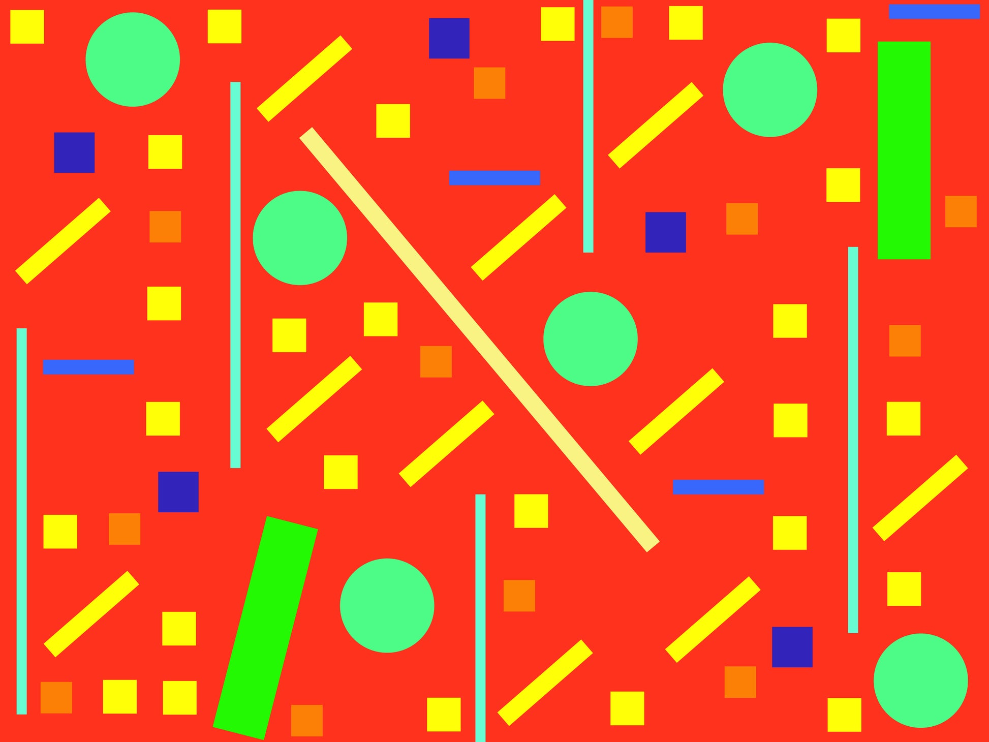 Square, circles and thin rectangles of different colors placed around somewhat symmetrical in direction with orange background.