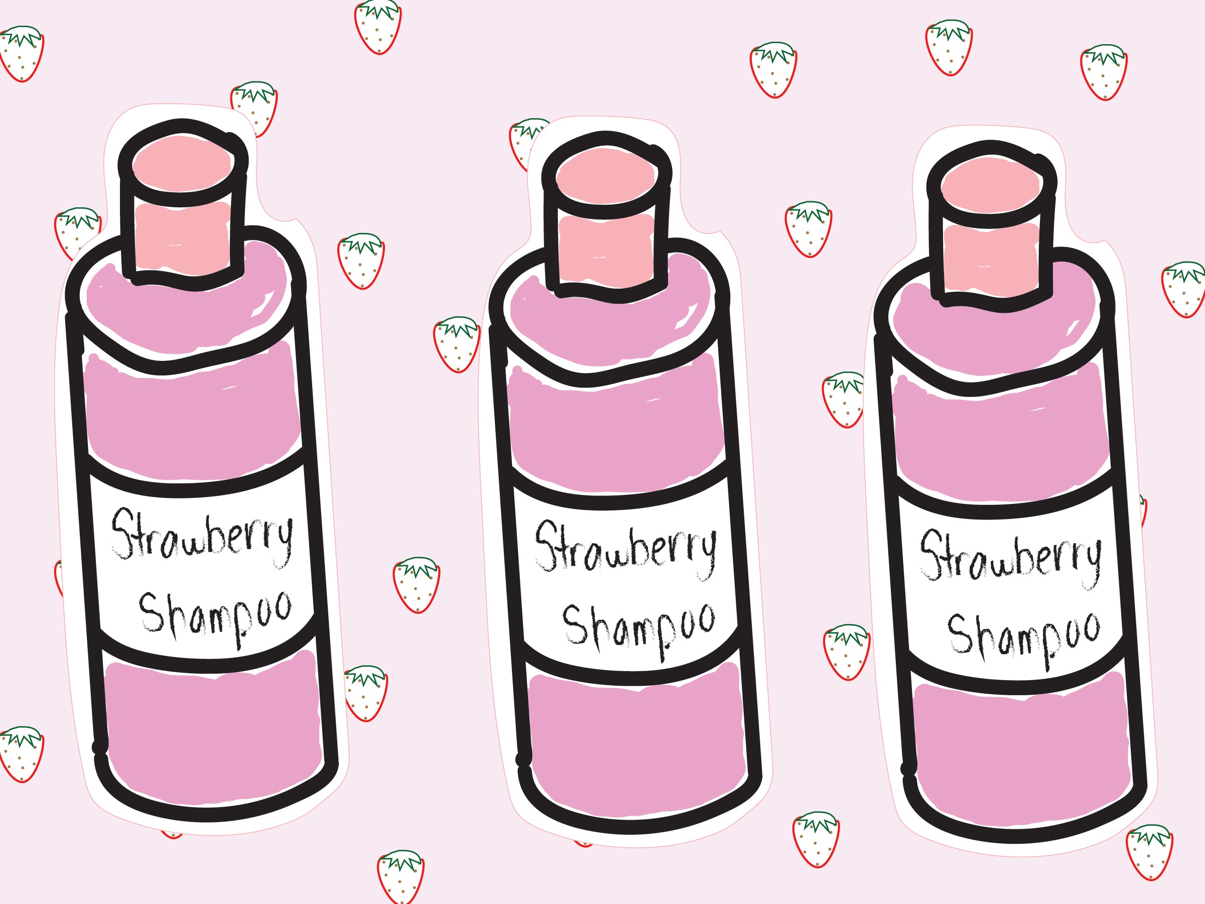Three strawberry shampoo bottles
