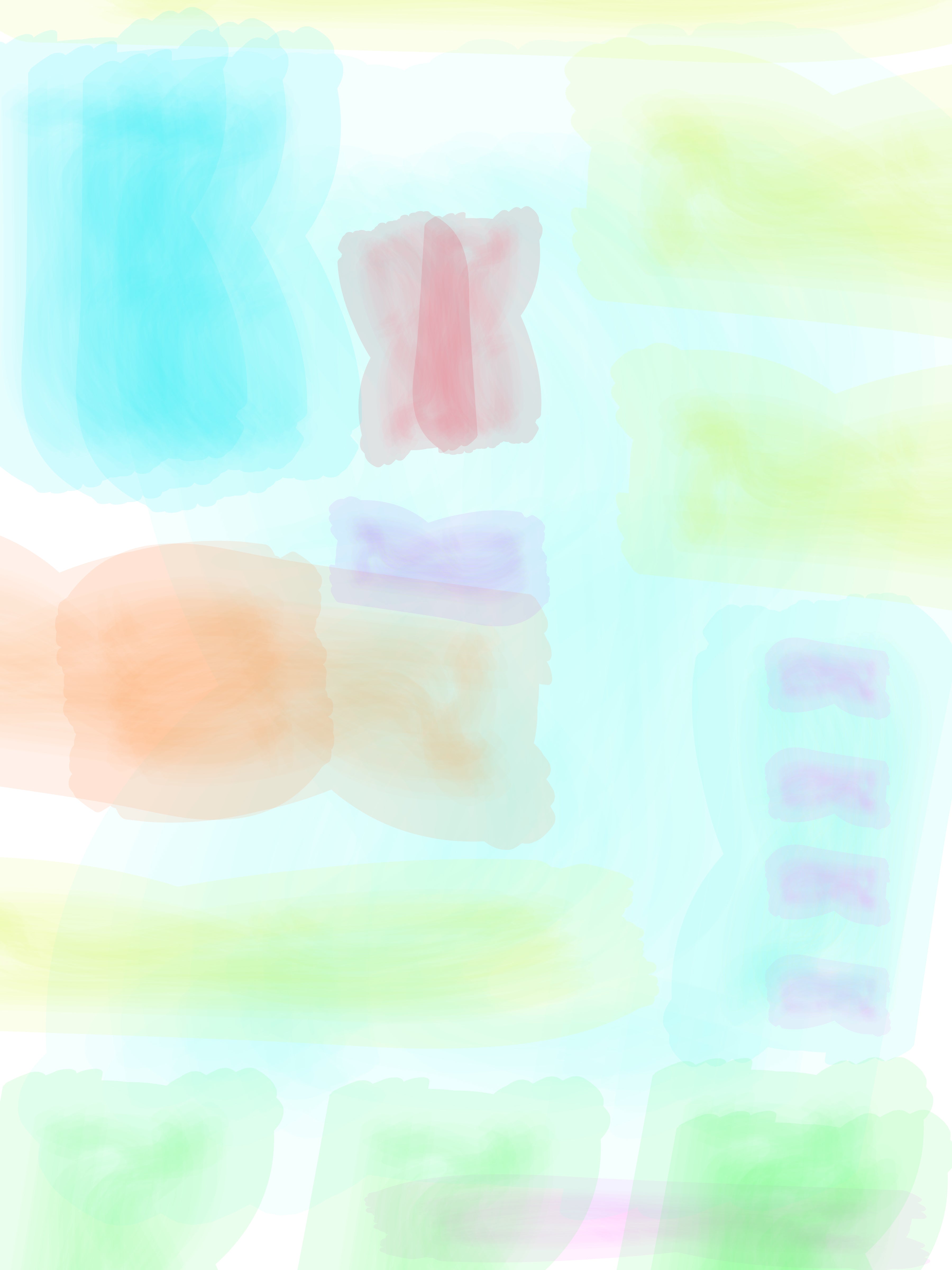 Abstract watercolor digital art of very light colors in bow shape with inside double paint stroke, mainly in blue, orange, red, green.