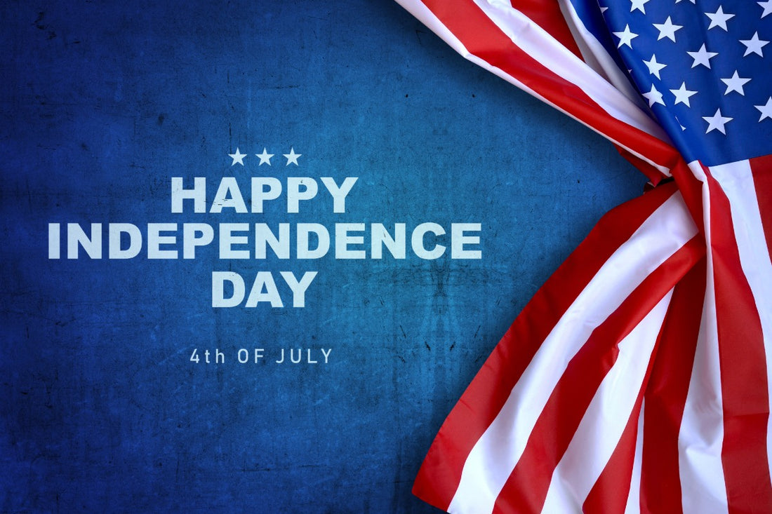 “Happy Independence Day 4th of July” text on blue with an American flag in the right