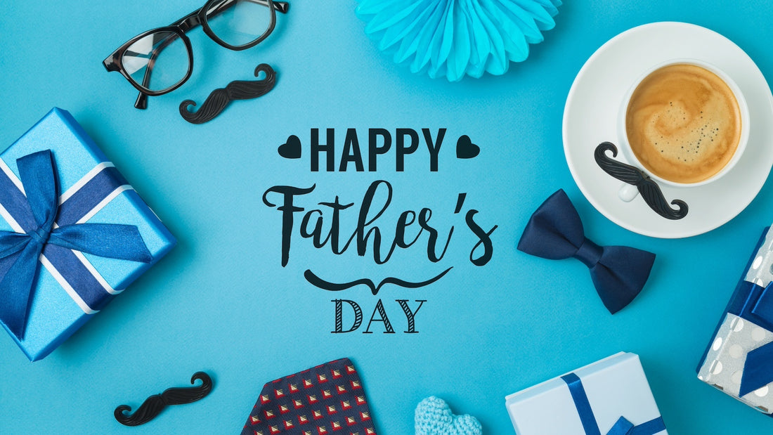 happy father's day text and items around it, tie, glasses, gift boxes, coffee cup, for Fabbys Art dot com