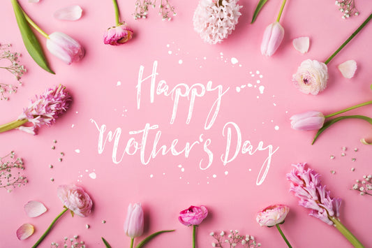 Happy mother’s day text centered of flowers in pink for Fabbys art store