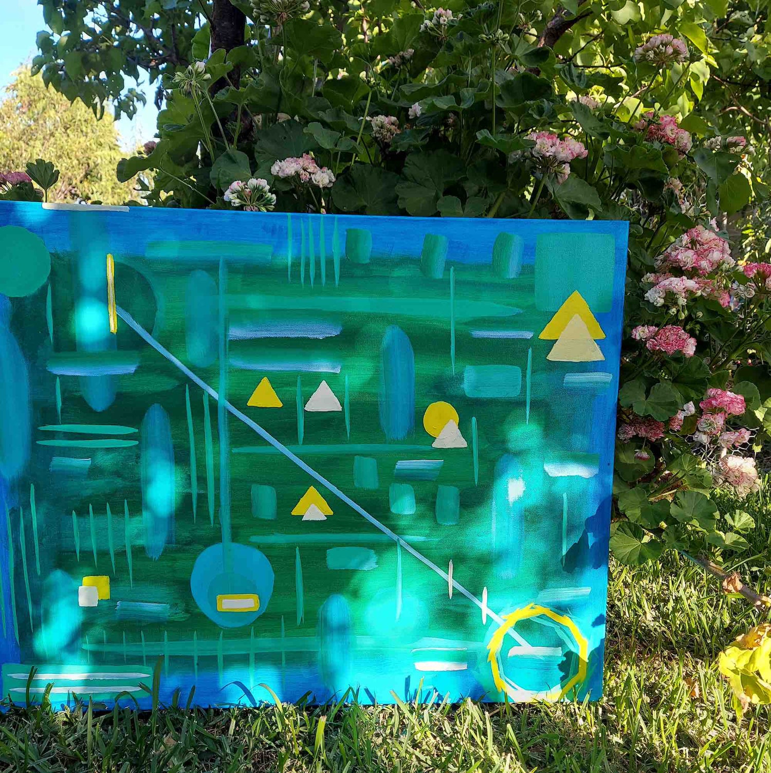 Original abstract painting on acrylic, blue and green thick lines, few yellow lines for Fabbys Art