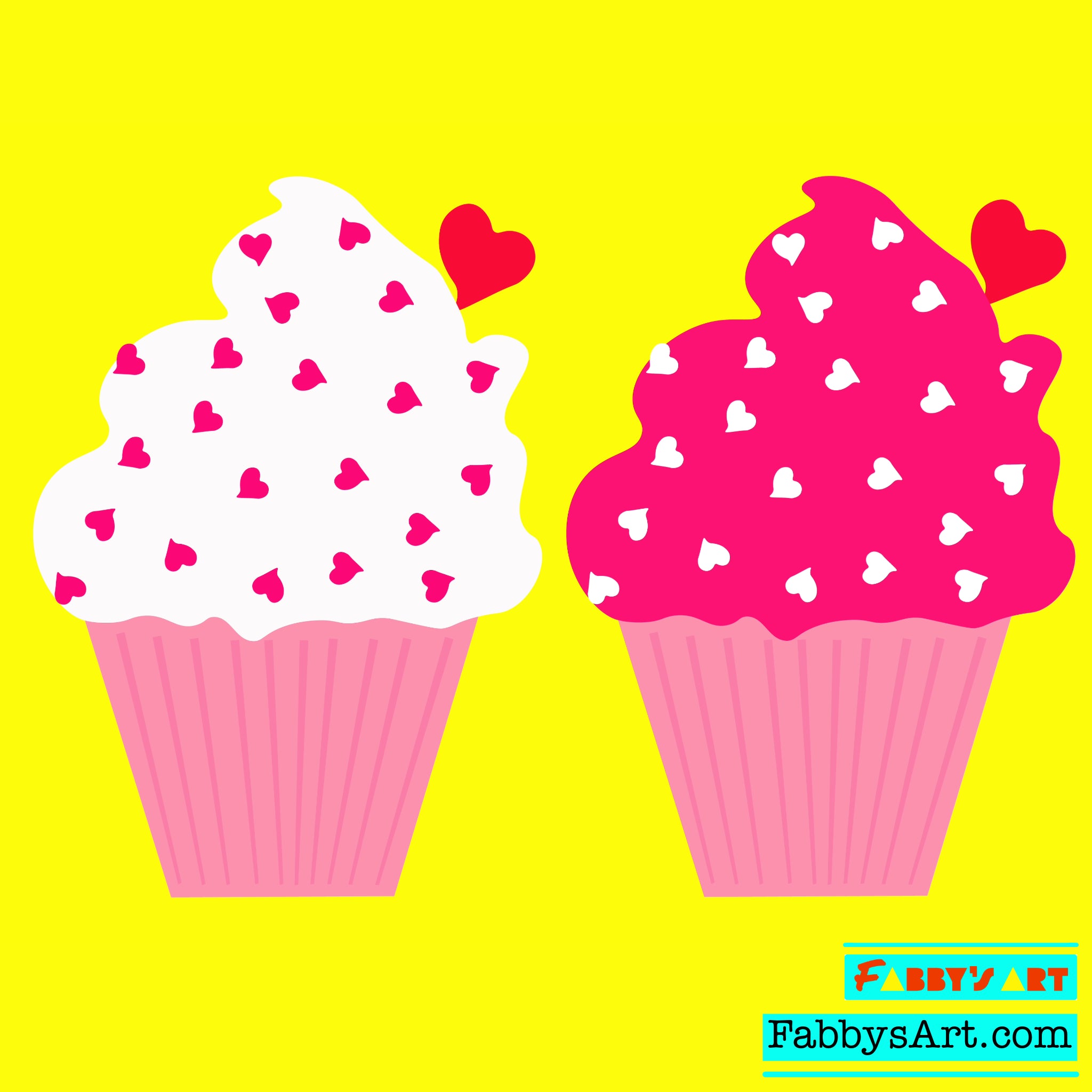 Two cupcakes in pink with small hearts in the frosting and a yellow background