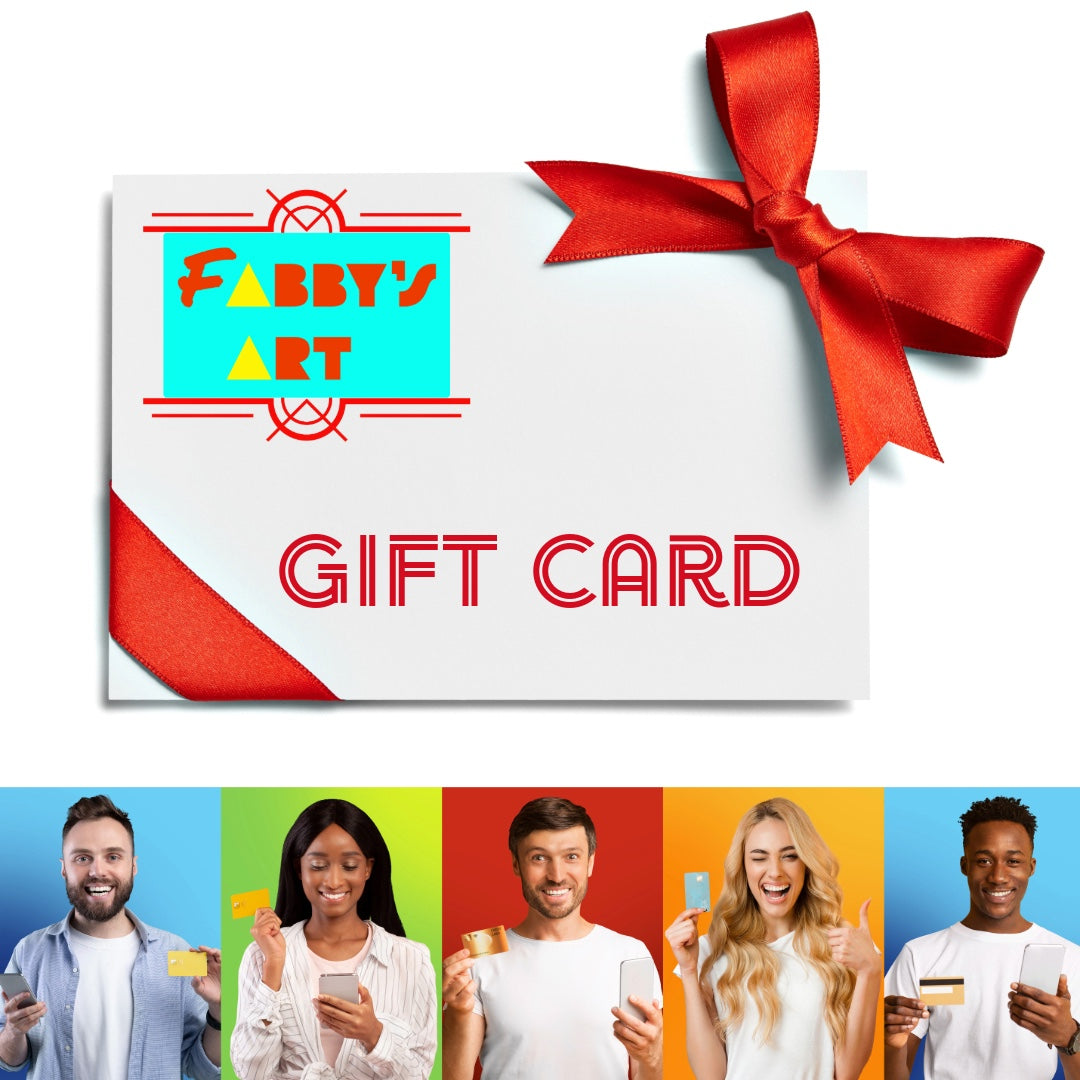 Gift card on top and bottom people holding gift cards for Fabbys Art