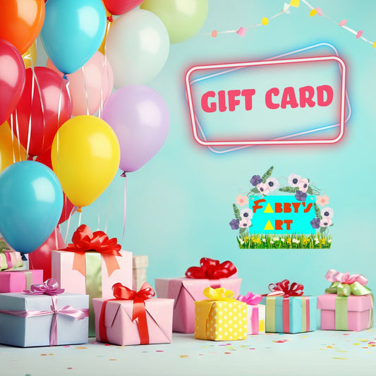 gift card with gift boxes and balloons for  Fabbys Art