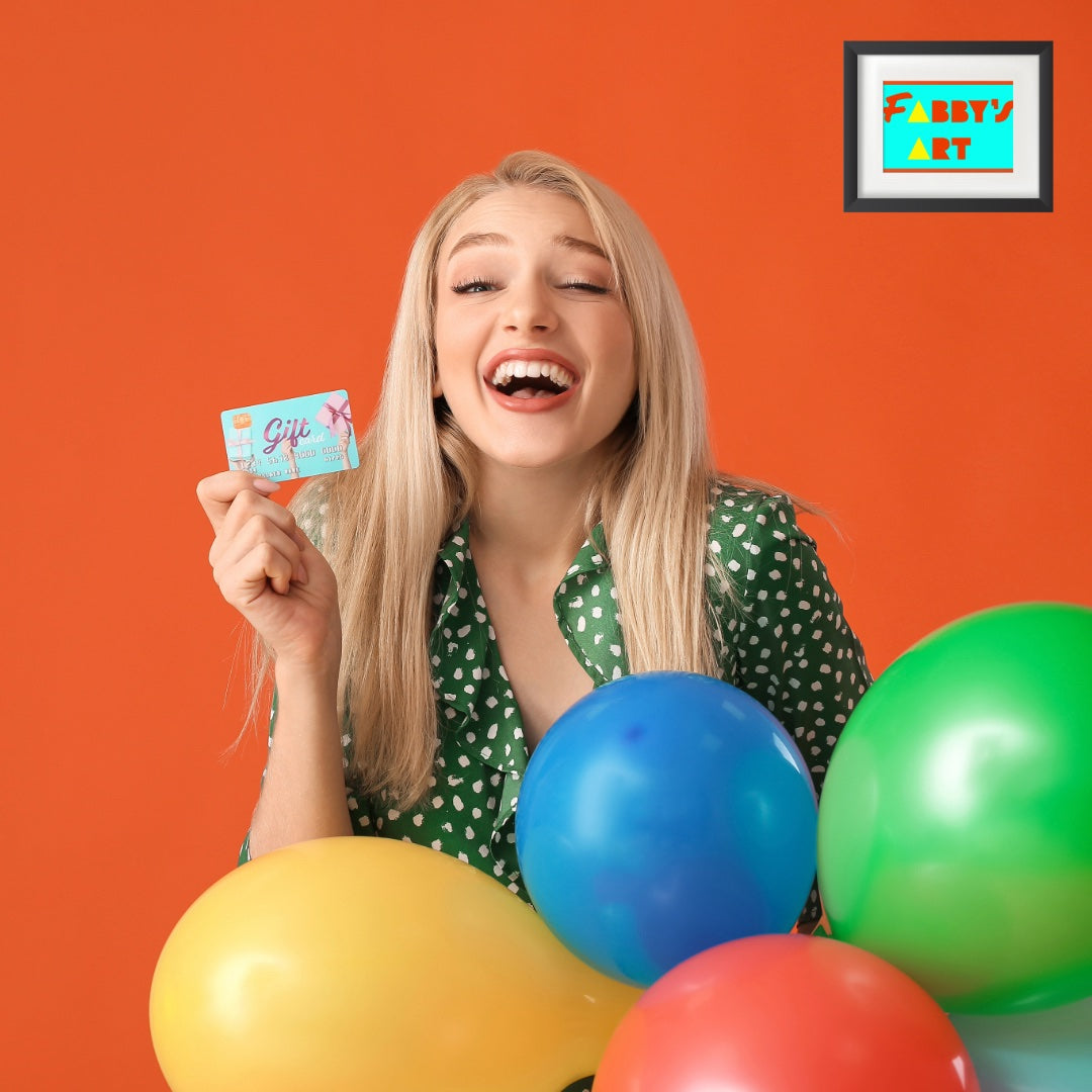 Happy women holding gift card for Fabbys Art with balloons