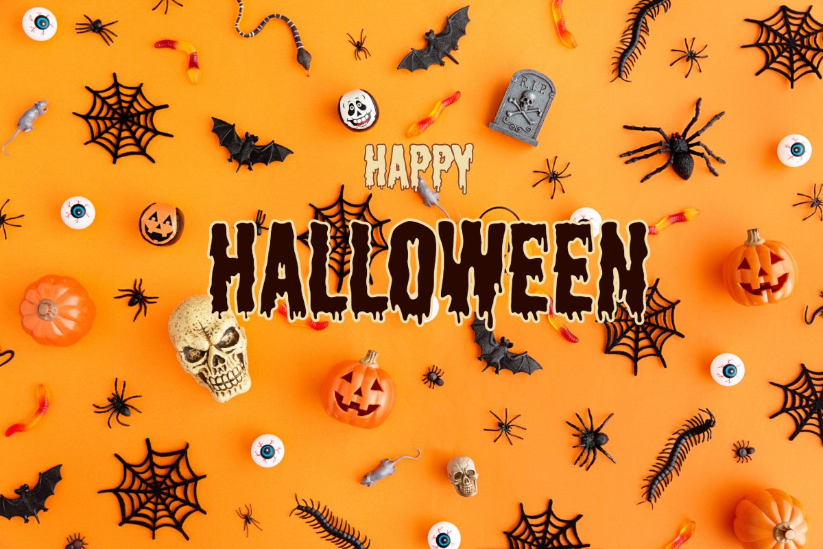 Text "Happy Halloween” on top of a halloween orange background with items scattered: spiders, skulls, pumpkins, snakes, eyes, warms, bats