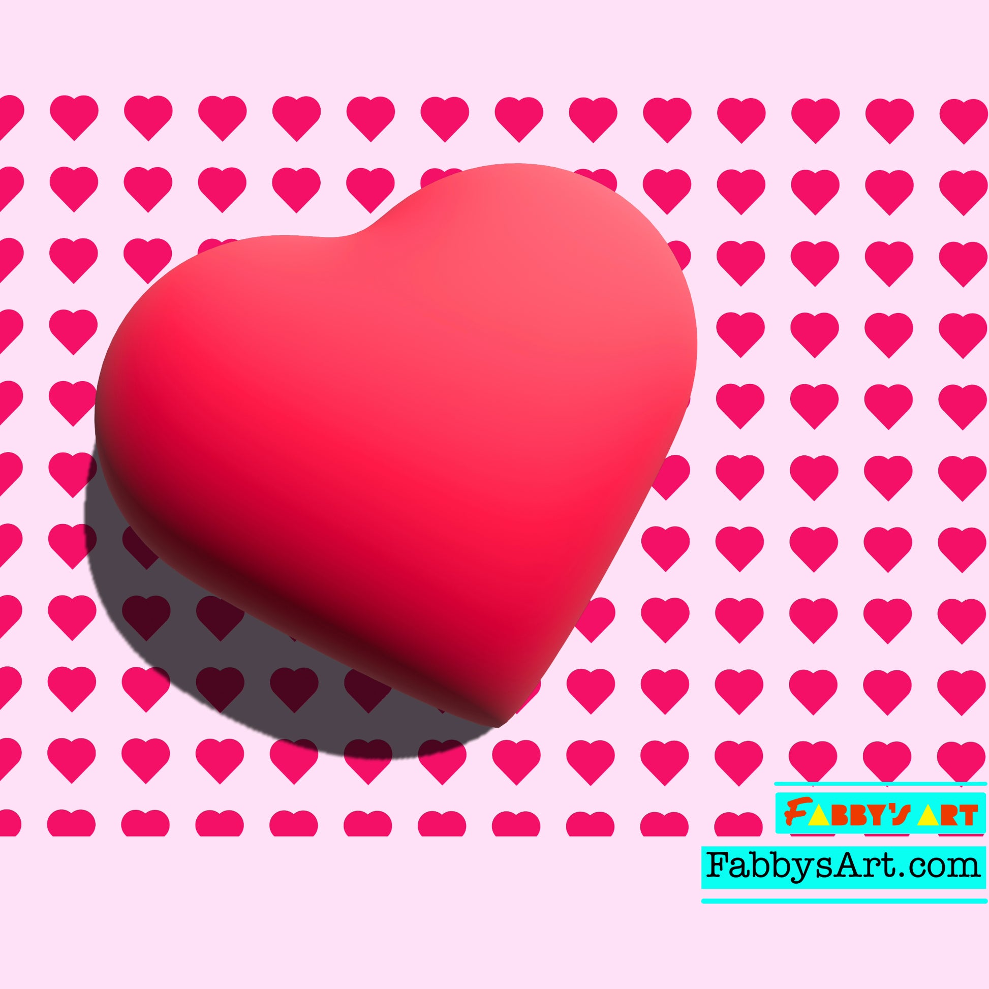 Big red heart in 3D leaned sideways in a patterned background of small pink hearts