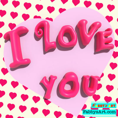 “I love you” text in 3D on a pink heart and small hearts in the background