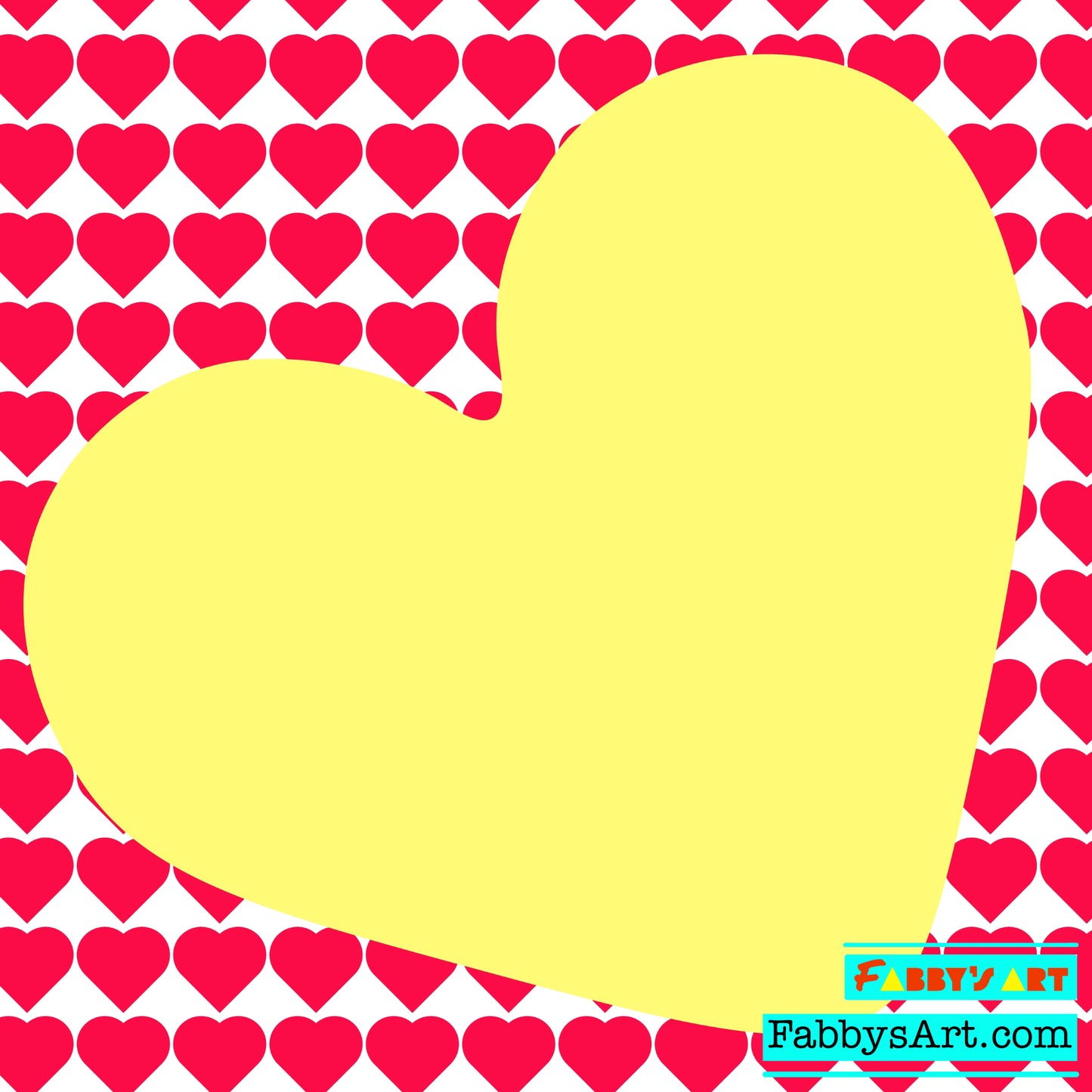 Big yellow heart leaned sideways in a patterned background of small pink hearts