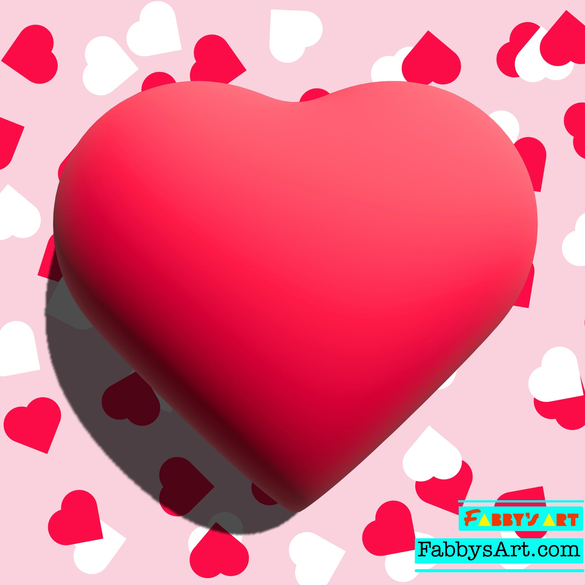Big red heart in 3D in a patterned background of small white and red hearts
