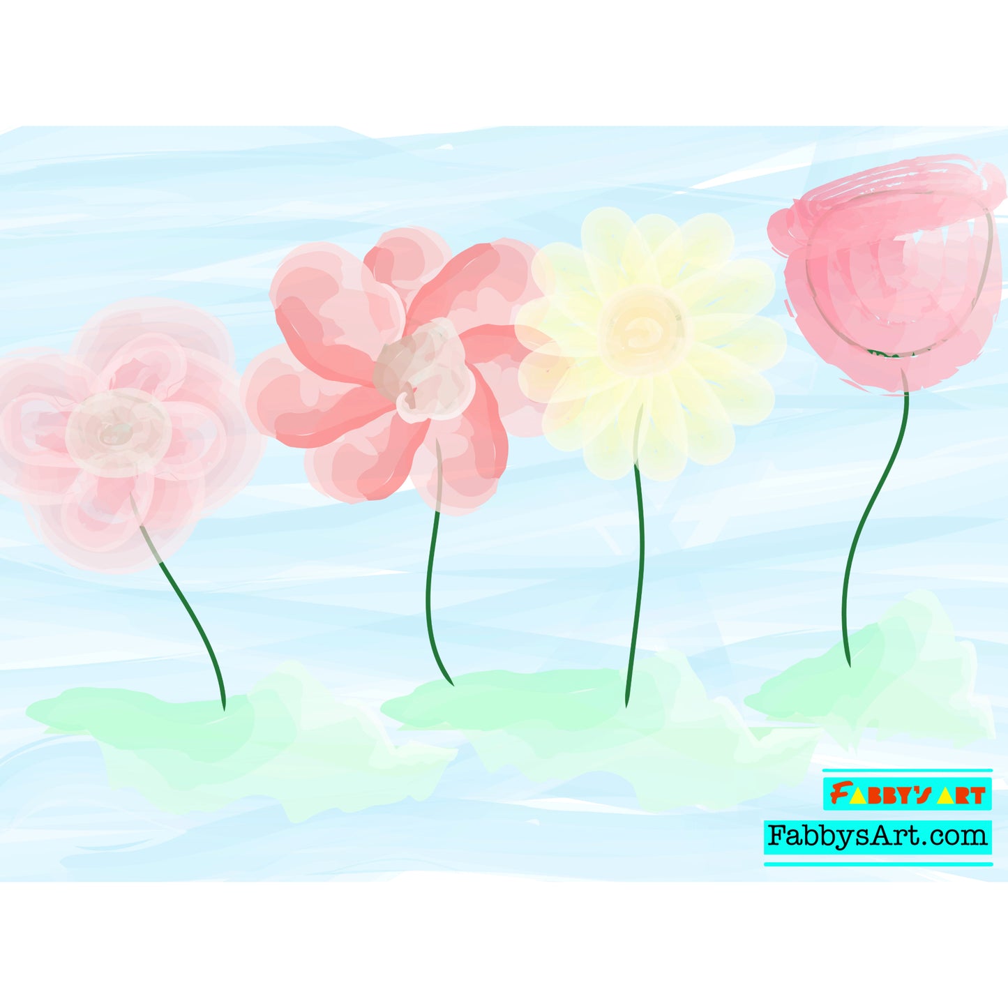 Four flowers in watercolor with red pink petals and one yellow in a blue background