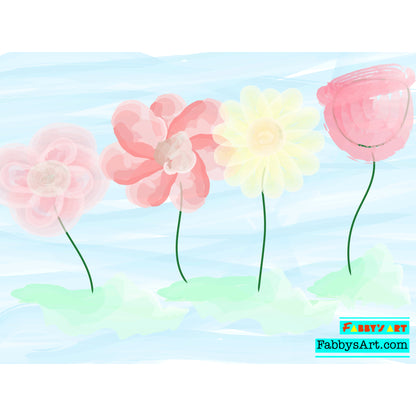 Four flowers in watercolor with red pink petals and one yellow in a blue background