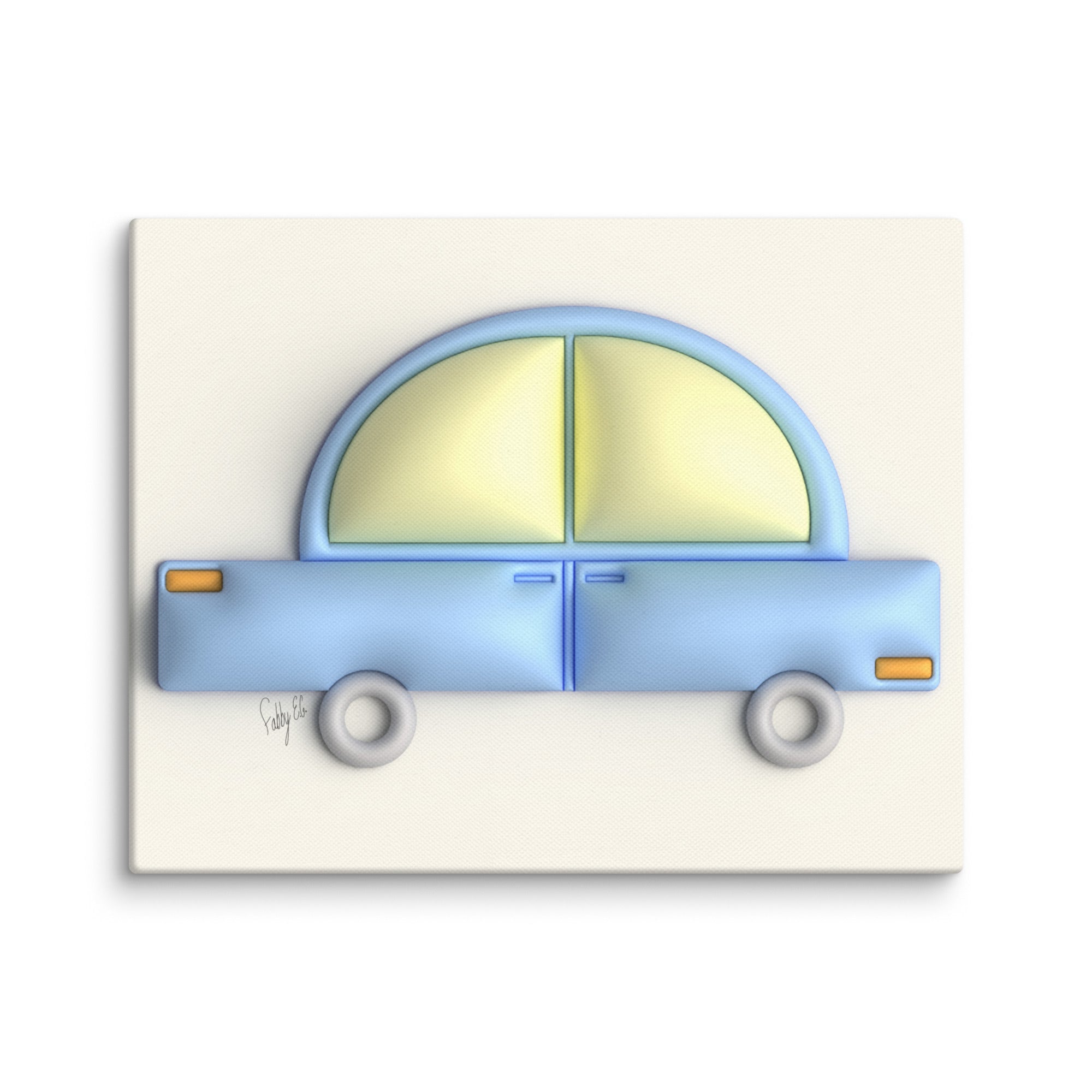 Blue car in yellow canvas print