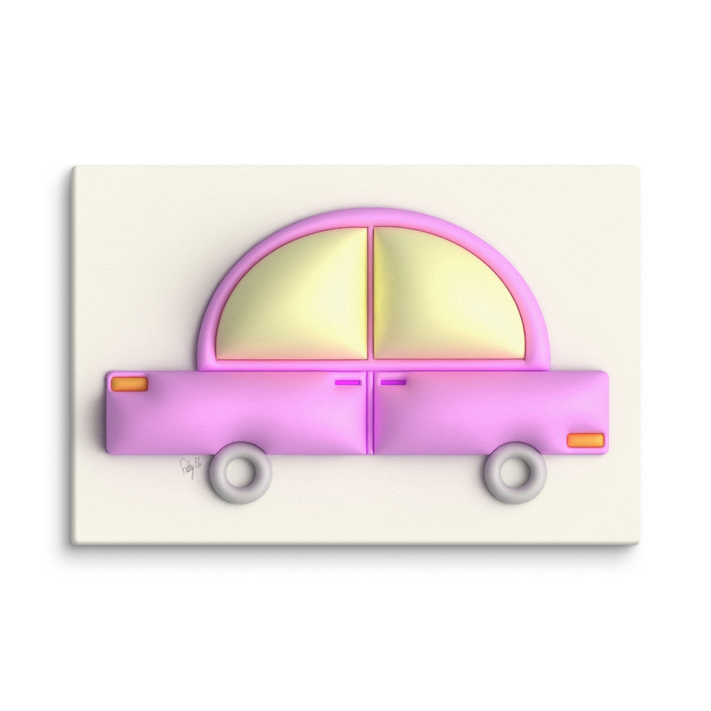 Pink car in yellow canvas print