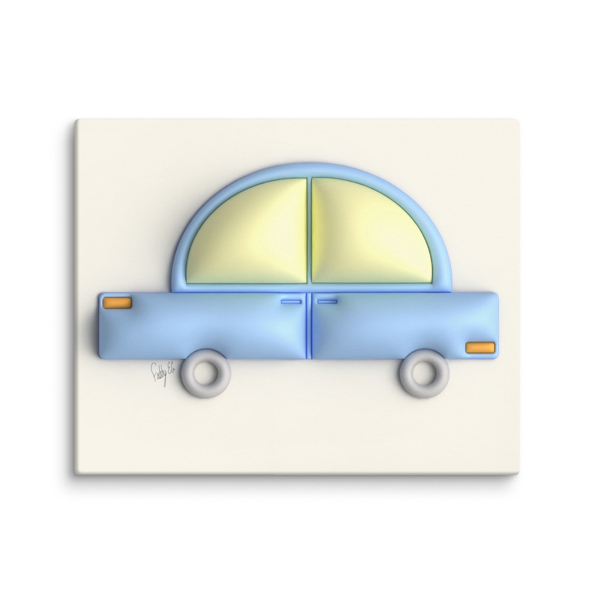 Blue car in yellow canvas print