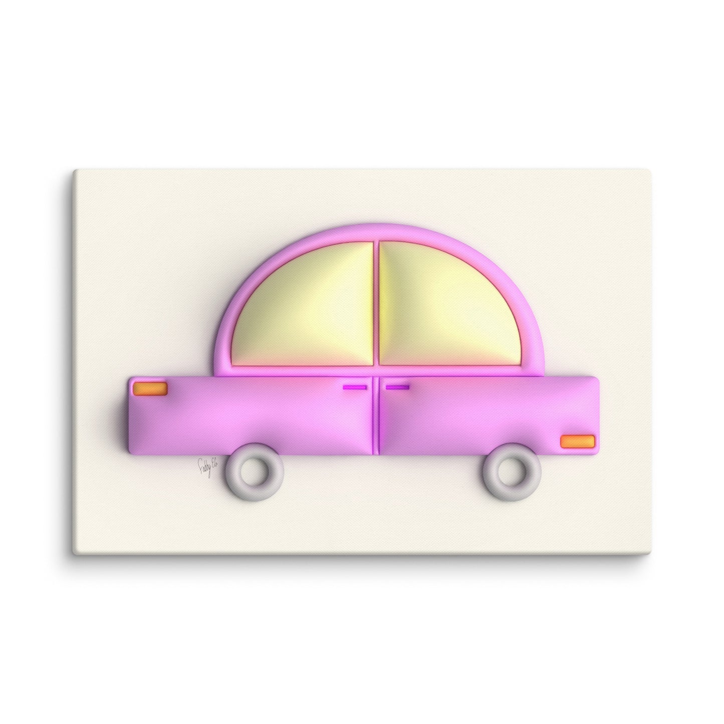 Pink car in yellow canvas print