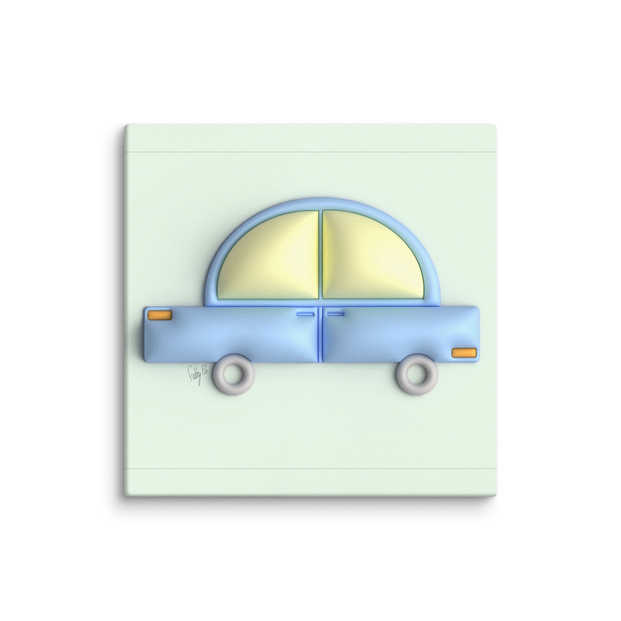 Blue car in green canvas print