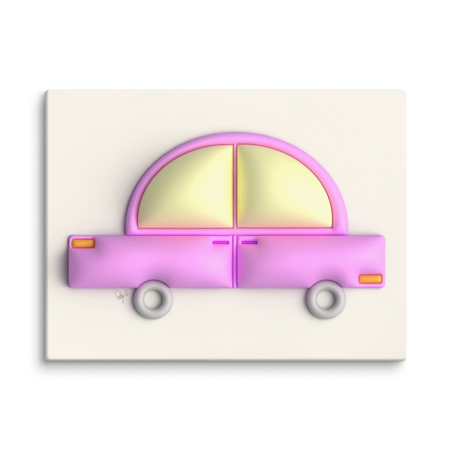 Pink car in yellow canvas print