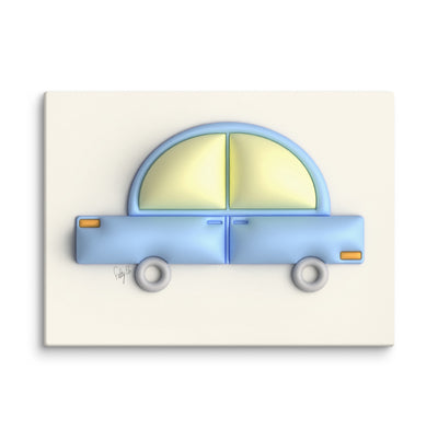 Blue car in yellow canvas print