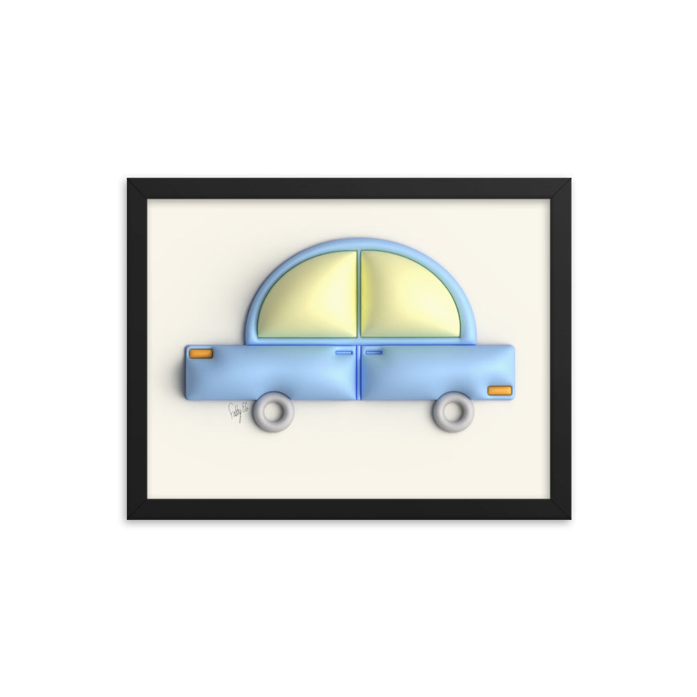 Blue car in yellow framed poster