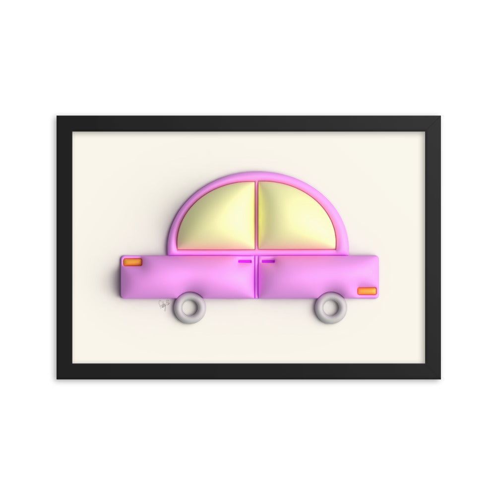 Pink car in yellow framed poster