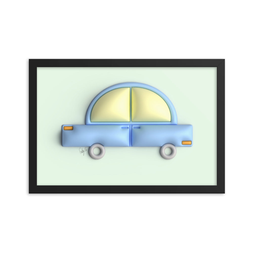 Blue car in green framed poster