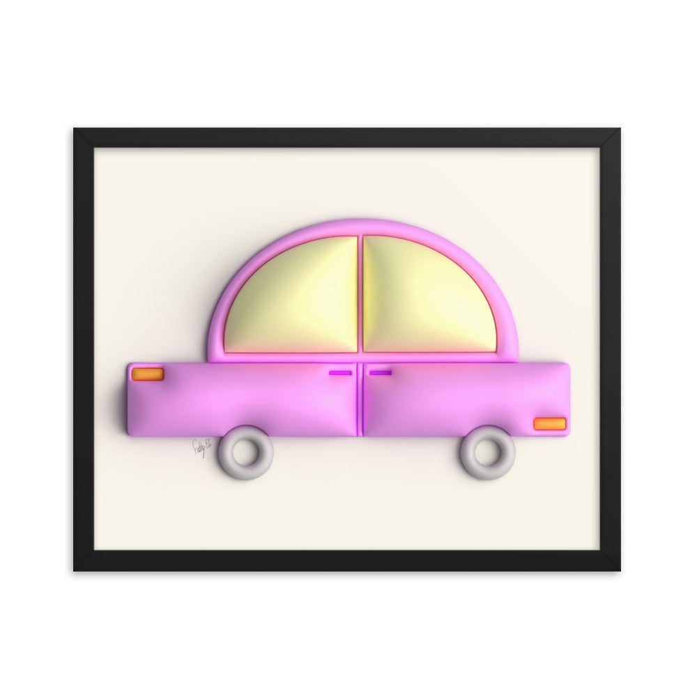 Pink car in yellow framed poster